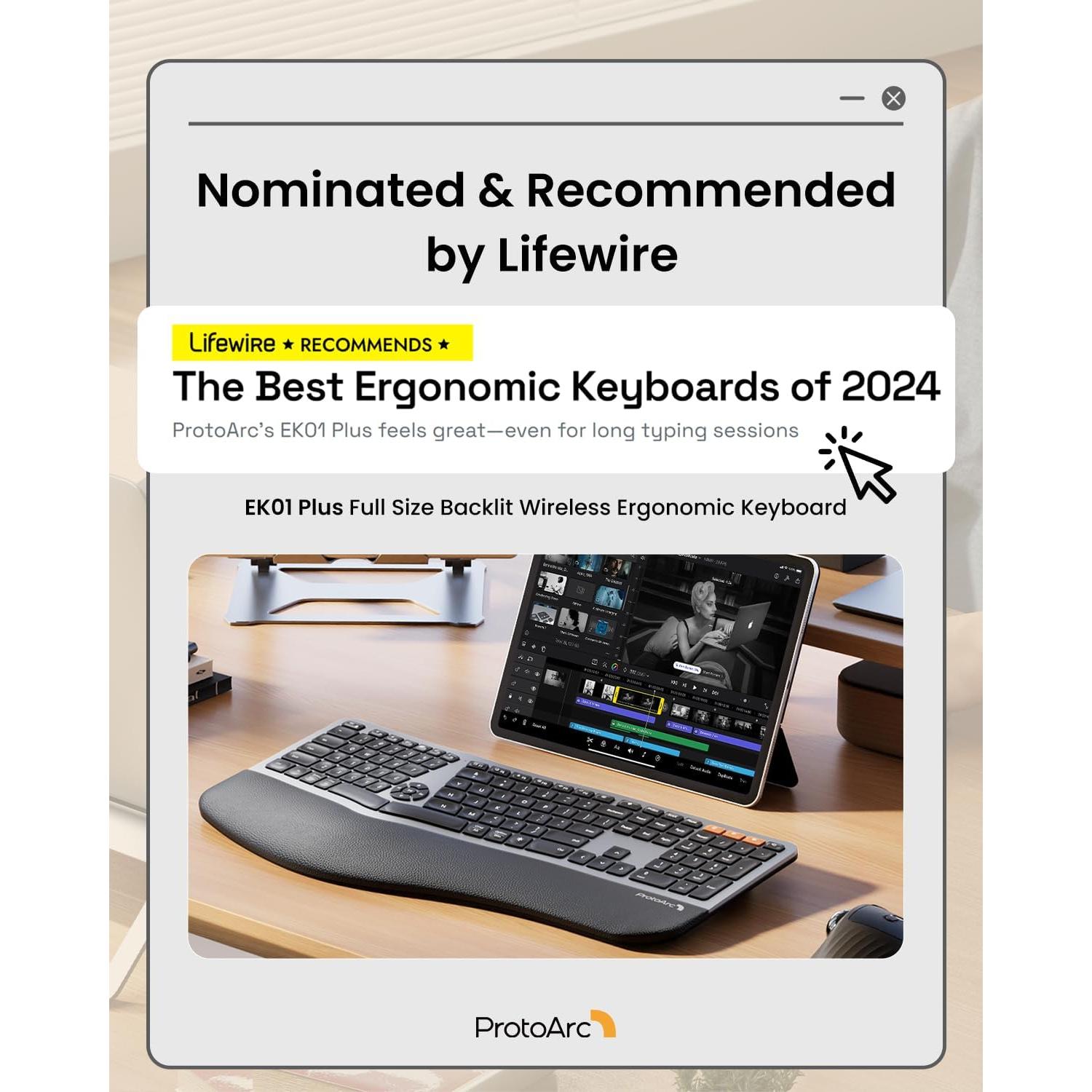 Backlit Bluetooth Ergonomic Keyboard, ProtoArc EK01 Plus Full Size Wireless Split Keyboard with Dual Bluetooth and USB, Cushioned Wrist Rest, Rechargeable for Windows/Mac/Android, Grey Black