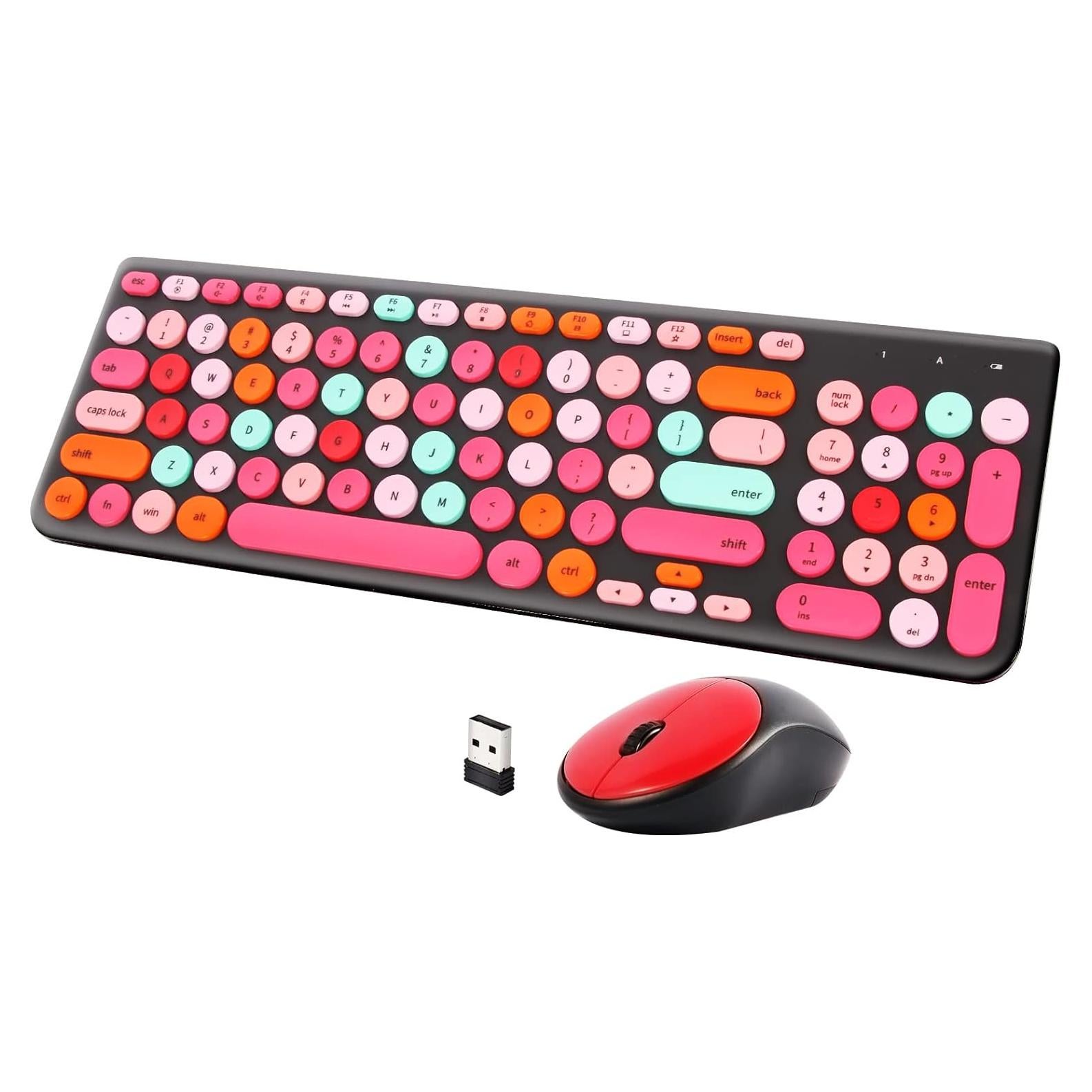 Wireless Keyboard and Mouse Combo, Retro Typewriter Keyboard with Round Keycaps, 2.4GHz USB Cute Wireless Keyboard Mouse for Computer, Desktop, Laptop and Computer (Black-Colorful)