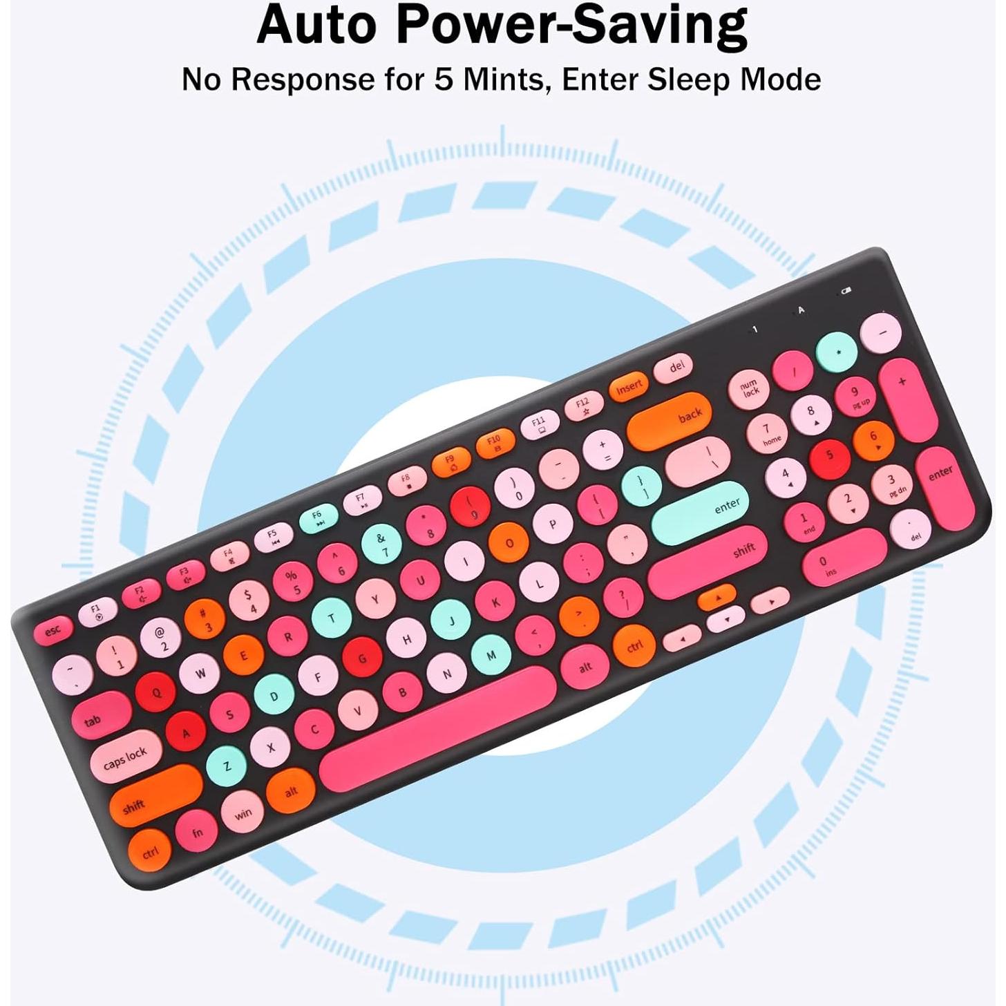 Wireless Keyboard and Mouse Combo, Retro Typewriter Keyboard with Round Keycaps, 2.4GHz USB Cute Wireless Keyboard Mouse for Computer, Desktop, Laptop and Computer (Black-Colorful)