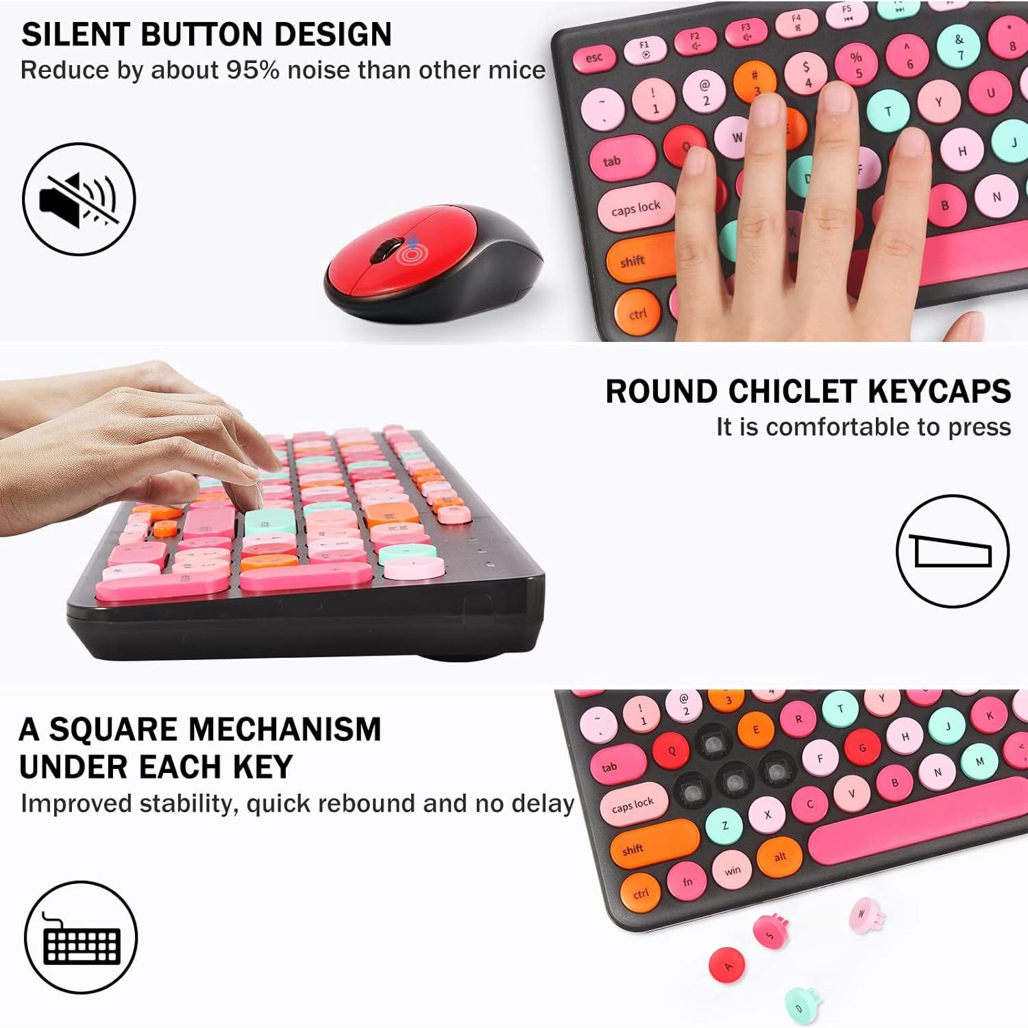 Wireless Keyboard and Mouse Combo, Retro Typewriter Keyboard with Round Keycaps, 2.4GHz USB Cute Wireless Keyboard Mouse for Computer, Desktop, Laptop and Computer (Black-Colorful)