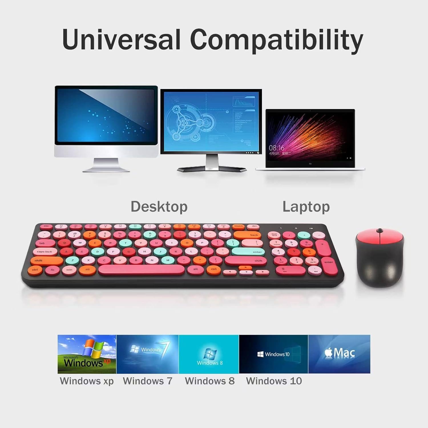 Wireless Keyboard and Mouse Combo, Retro Typewriter Keyboard with Round Keycaps, 2.4GHz USB Cute Wireless Keyboard Mouse for Computer, Desktop, Laptop and Computer (Black-Colorful)