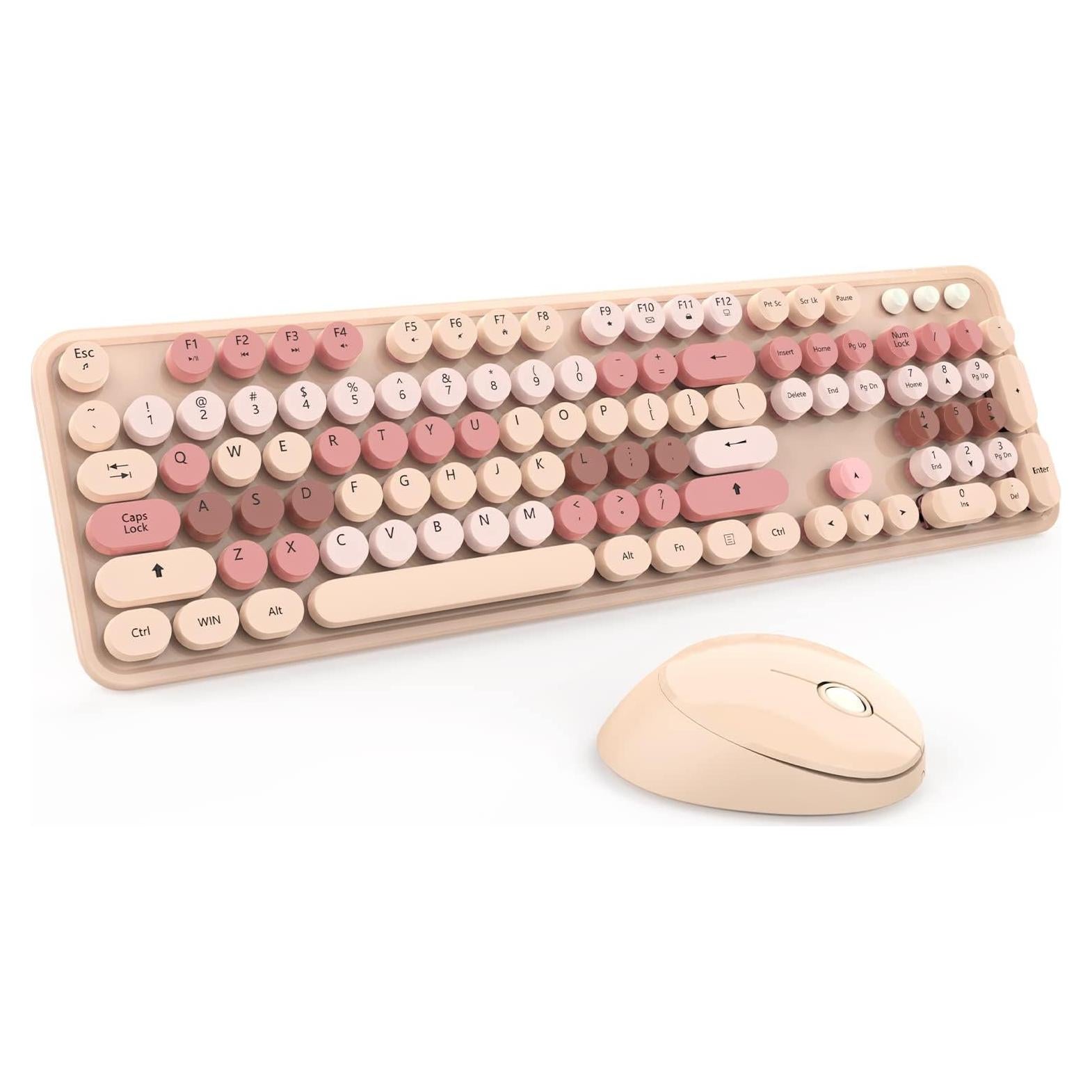 Wireless Keyboard and Mouse, KOOTOP Cute Keyboard and Mouse, 2.4G Wireless Keyboard with Retro Round Keycap for PC, Mac, Laptop,Computer Windows (Milk Tea)