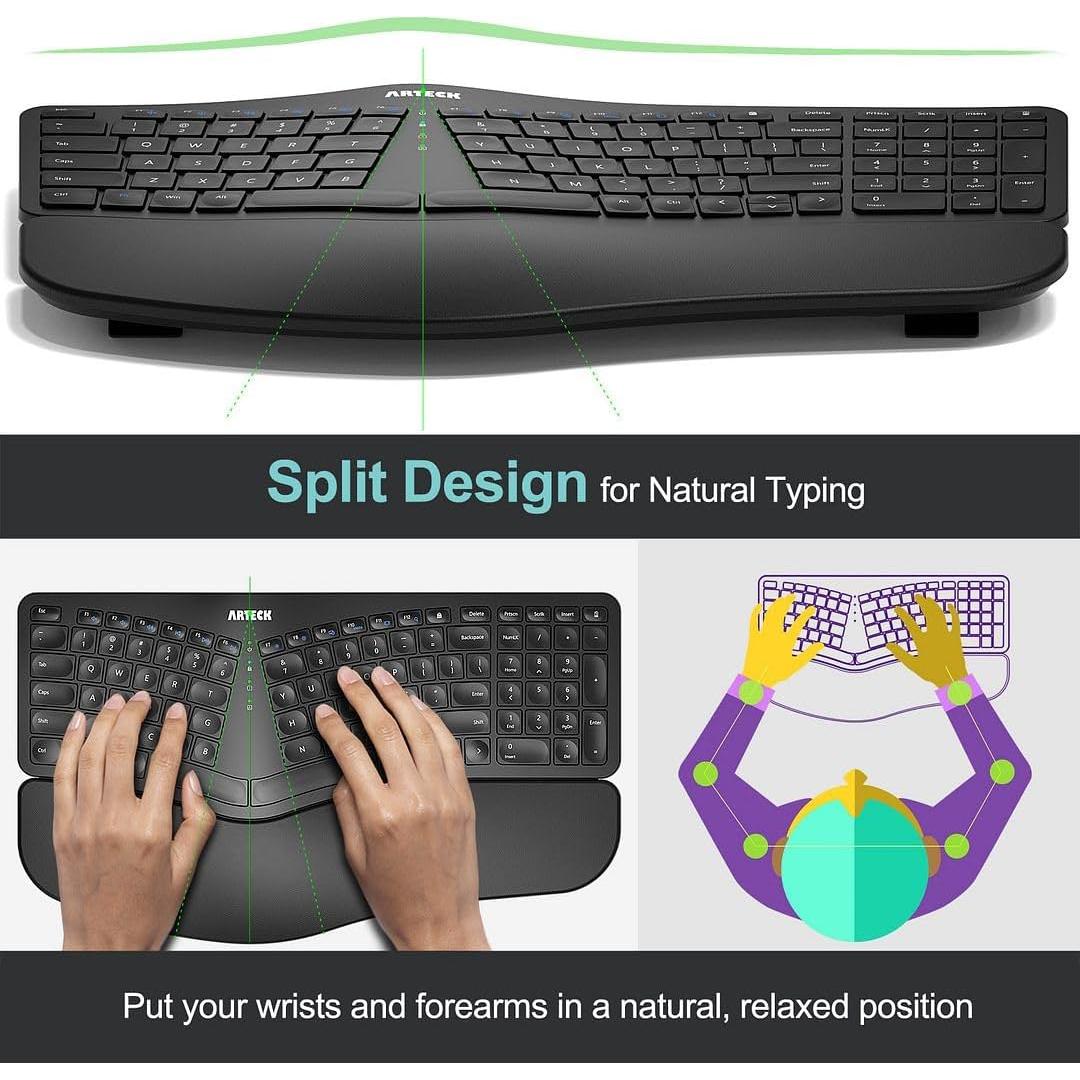 Teclado Ergonómico Dividido Arteck Inalámbrico USB con Reposamuñecas