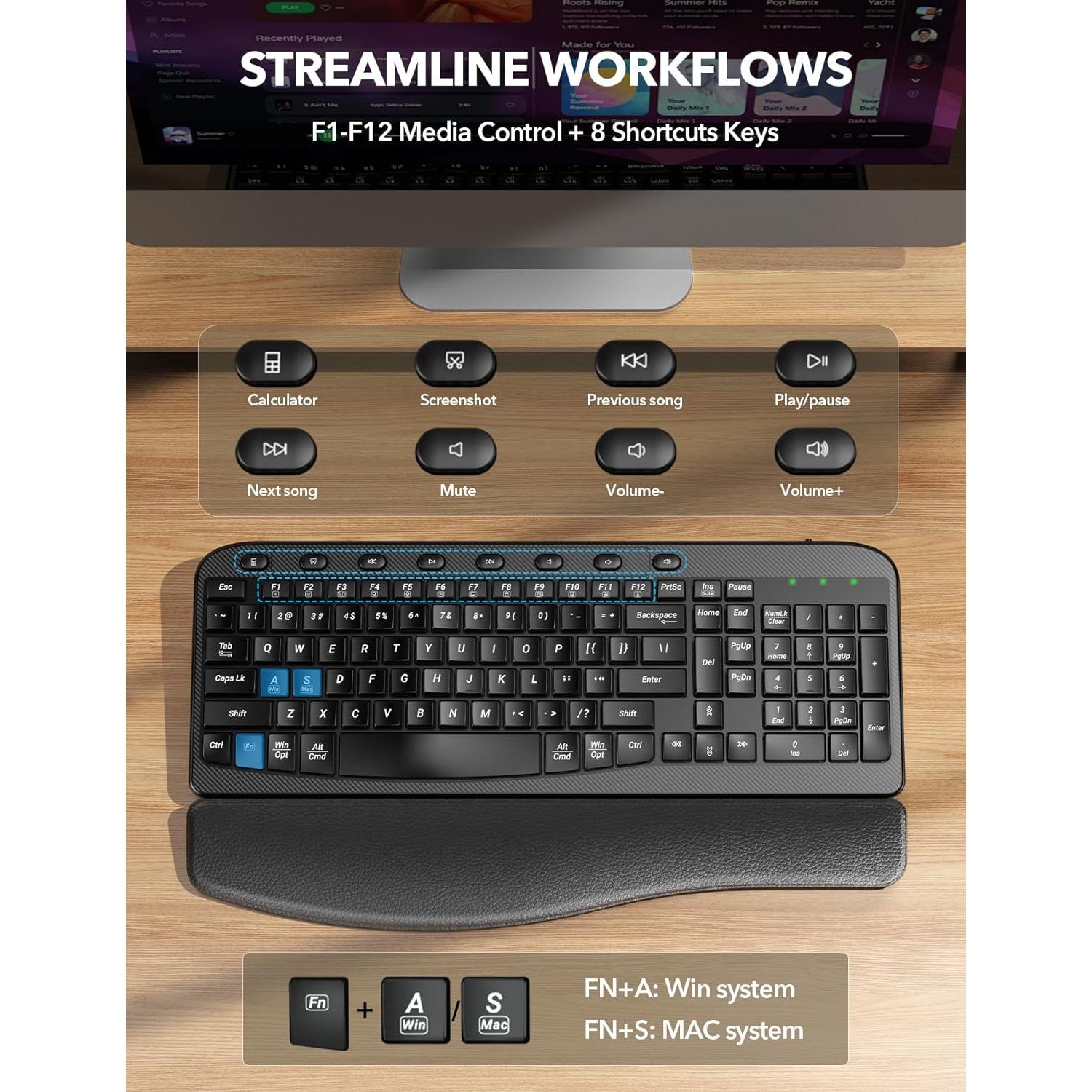 Teclado Inalámbrico SABLUTE KG812A Ergonómico con Reposamuñecas