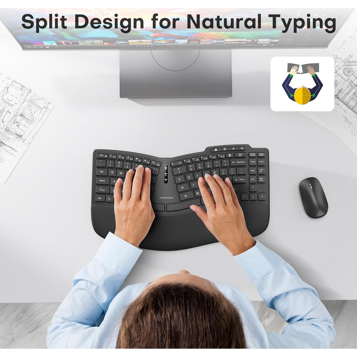 Teclado Inalámbrico Dividido Ergonómico OMOTON, Recargable 2.4G