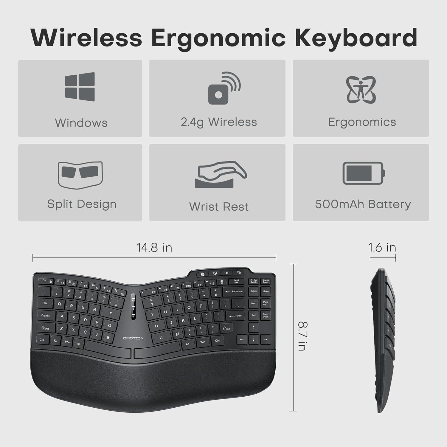 Teclado Inalámbrico Dividido Ergonómico OMOTON, Recargable 2.4G