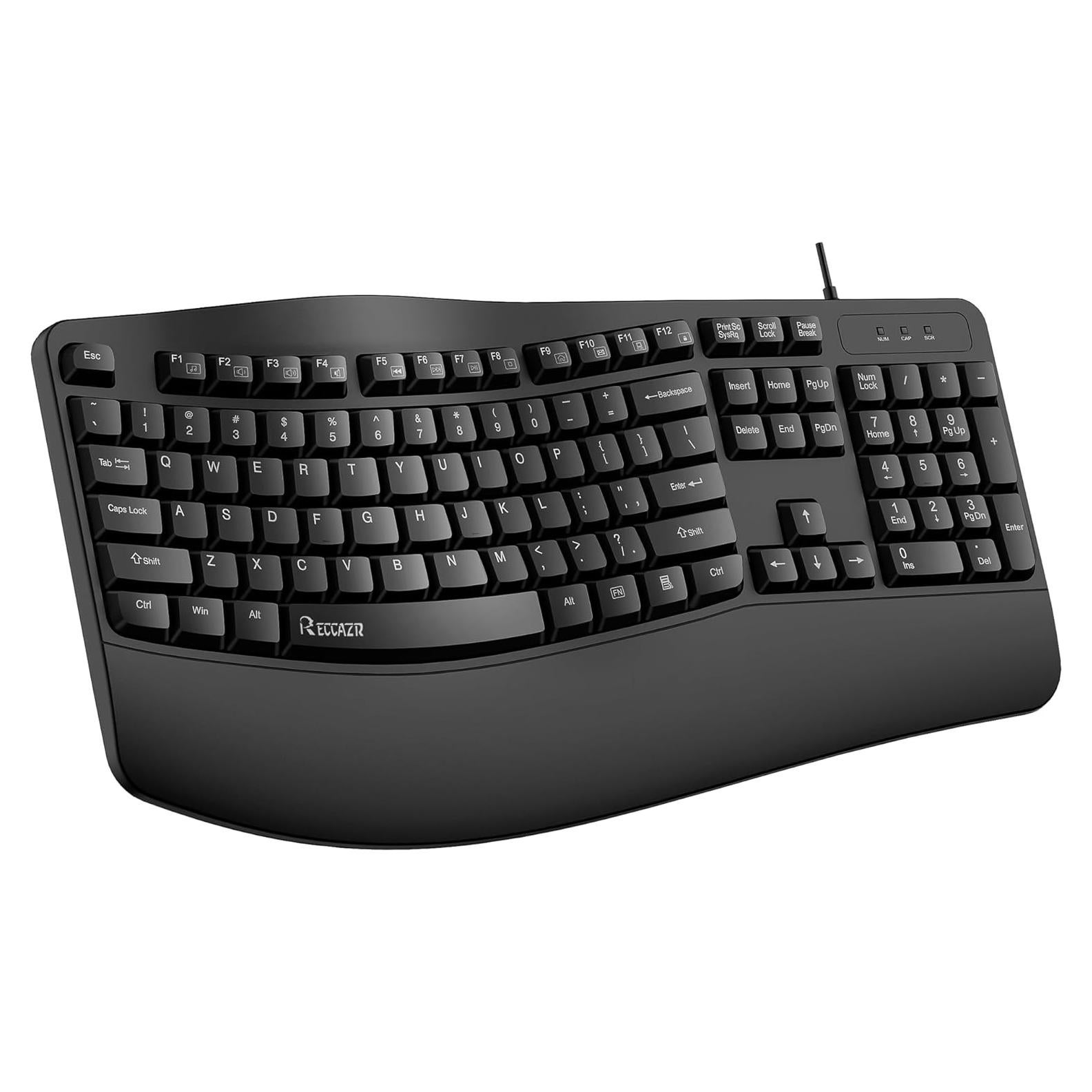 Teclado Ergonómico RECCAZR USB con Reposamuñecas y Resistente a Derrames