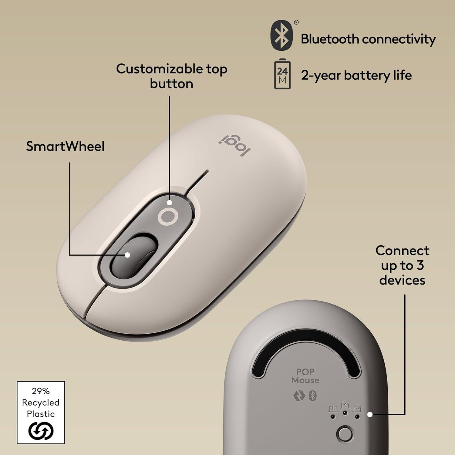 Logitech POP Mouse, Wireless Mouse with Customizable Emojis, SilentTouch Technology, Precision/Speed Scroll, Compact Design, Bluetooth, Multi-Device, OS Compatible - Mist