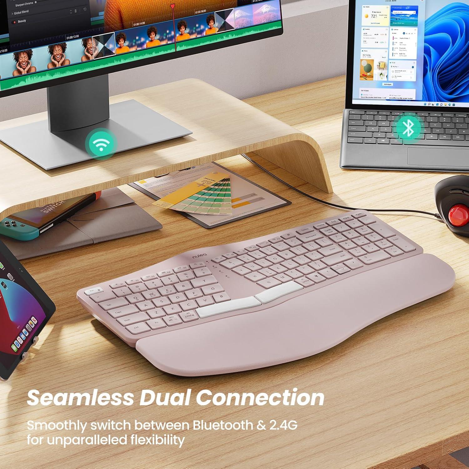 Teclado Ergonómico Inalámbrico Nulea RT05 Rosa, Retroiluminado