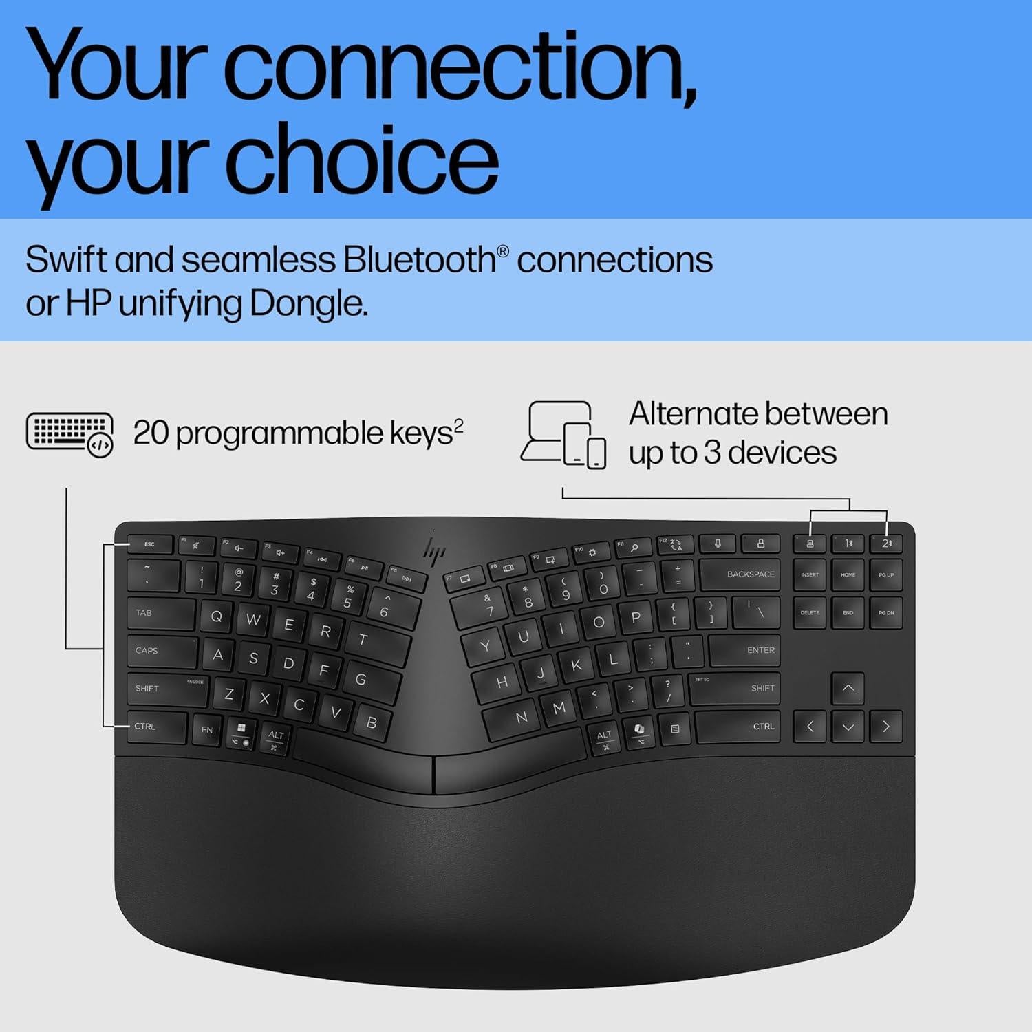 Teclado Inalámbrico Ergonómico HP 960 - Conexión Bluetooth y Dongle