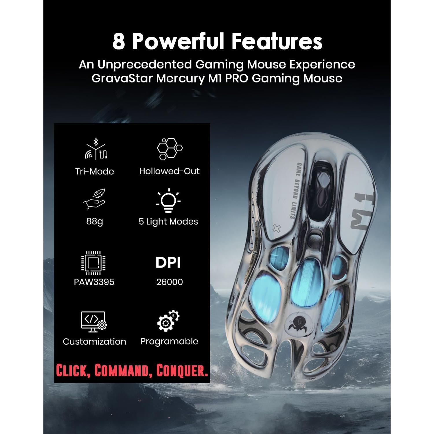 GravaStar Computer Mouse, Mercury M1 Pro Wireless Gaming Mouse with PAW3395DM Sensor, Magnesium Alloy Handcrafted Vintage Finish, 26000 DPI, 5 Programmable Buttons, Outfit with 1K & 4K Dongle