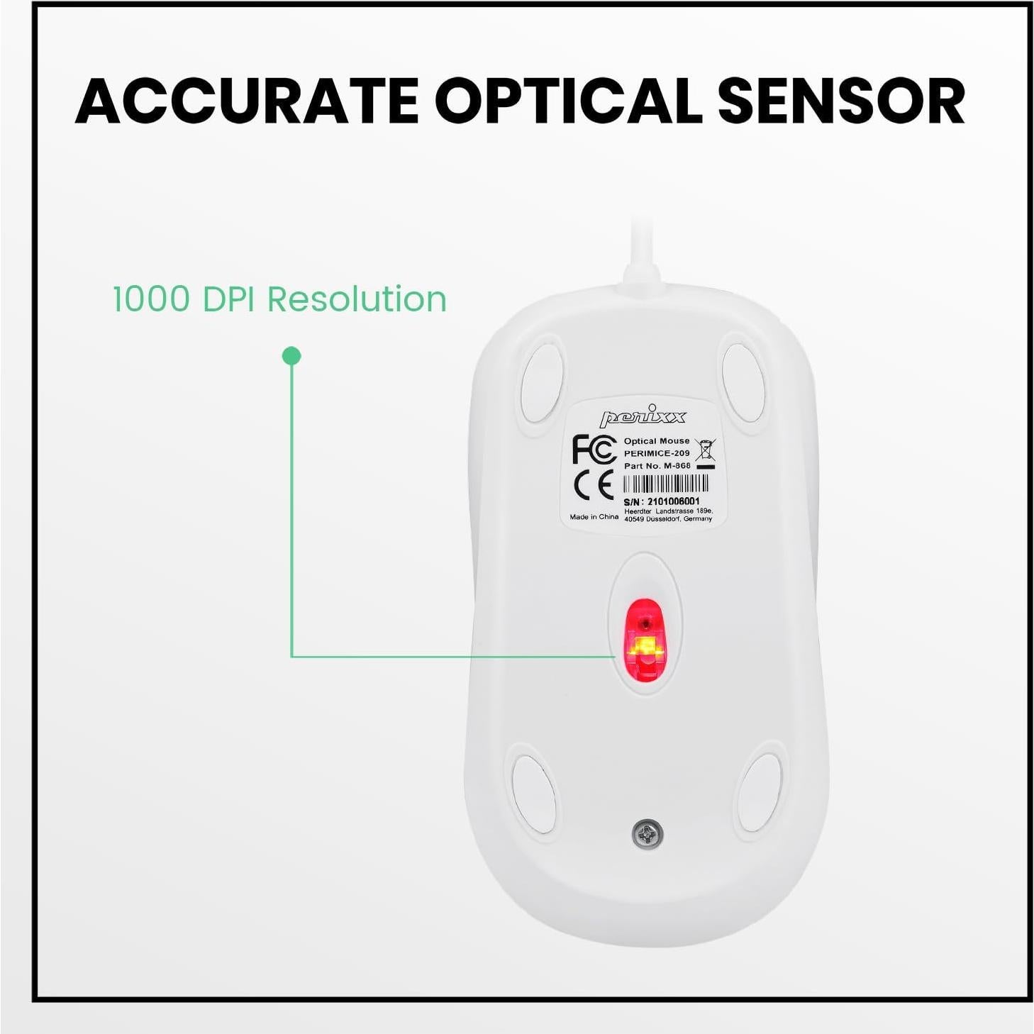 Perixx PERIMICE-209M 3 Button USB Wired Mouse - Optical - 1000 DPI - 5.9 Ft Cable - Beige