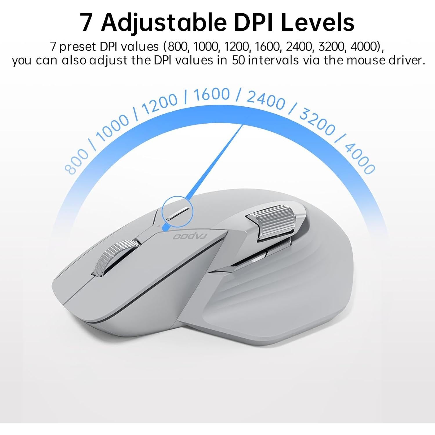 Rapoo MT760 Multi-Device Wireless Mouse, Bluetooth 5.0 and 2.4G Multi-Mode Connection, Up to 4 Devices, 11 Programmable Buttons, 4K DPI, 90 Days Battery Life, PC, Light Grey