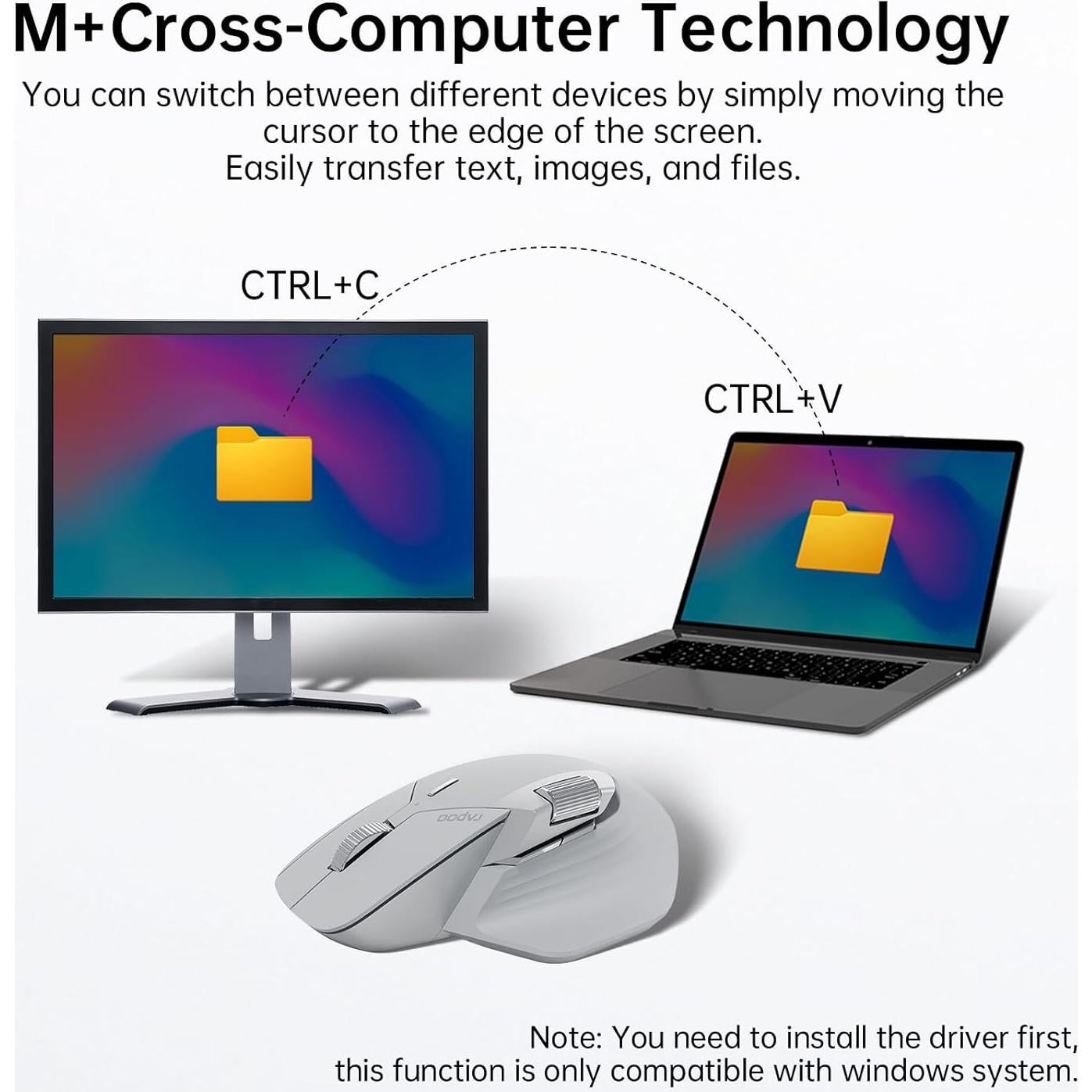 Rapoo MT760 Multi-Device Wireless Mouse, Bluetooth 5.0 and 2.4G Multi-Mode Connection, Up to 4 Devices, 11 Programmable Buttons, 4K DPI, 90 Days Battery Life, PC, Light Grey