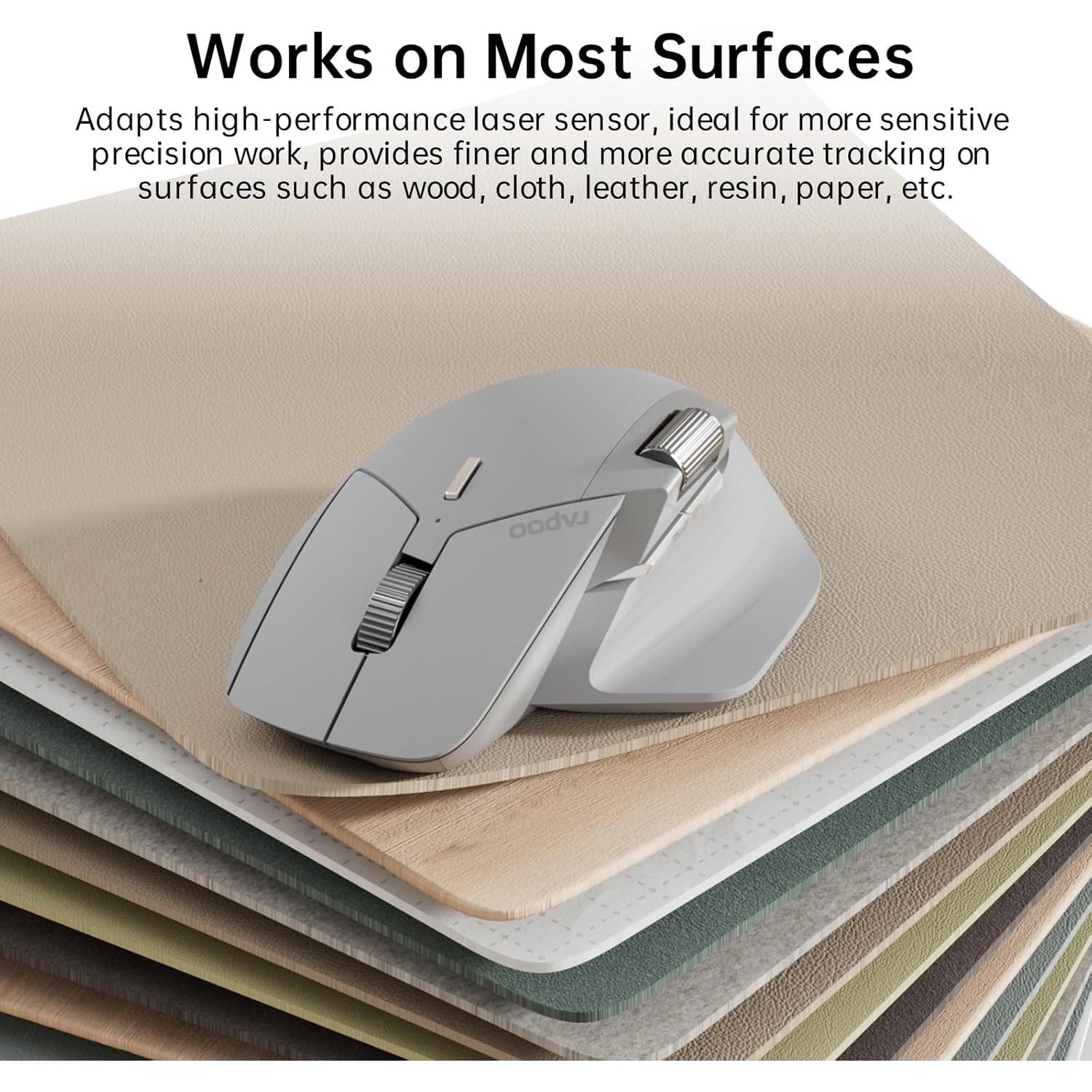 Rapoo MT760 Multi-Device Wireless Mouse, Bluetooth 5.0 and 2.4G Multi-Mode Connection, Up to 4 Devices, 11 Programmable Buttons, 4K DPI, 90 Days Battery Life, PC, Light Grey