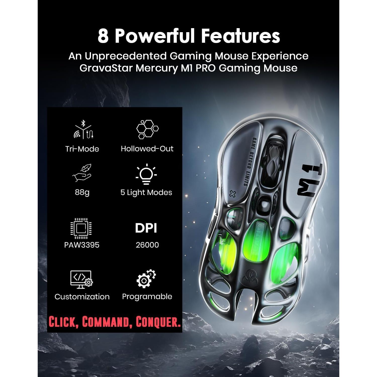 GravaStar Wireless Gaming Mice Mercury M1 Pro, Lightweight Magnesium Alloy Gaming Mouse, 26,000 DPI, PAW3395DM Sensor, Tri Mode Connection, Support 4K, Up to 200 Hours Battery Life