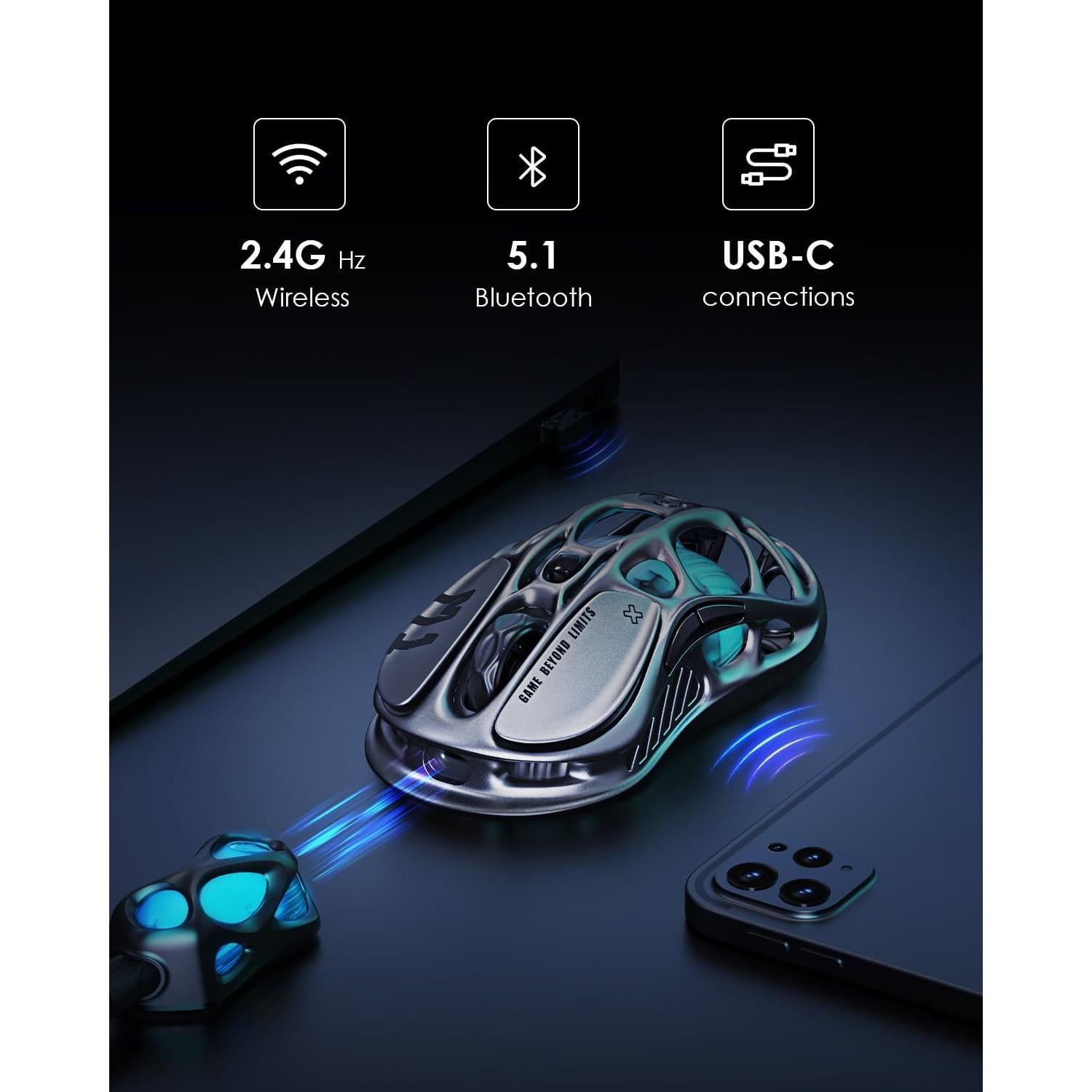 GravaStar Wireless Gaming Mice Mercury M1 Pro, Lightweight Magnesium Alloy Gaming Mouse, 26,000 DPI, PAW3395DM Sensor, Tri Mode Connection, Support 4K, Up to 200 Hours Battery Life