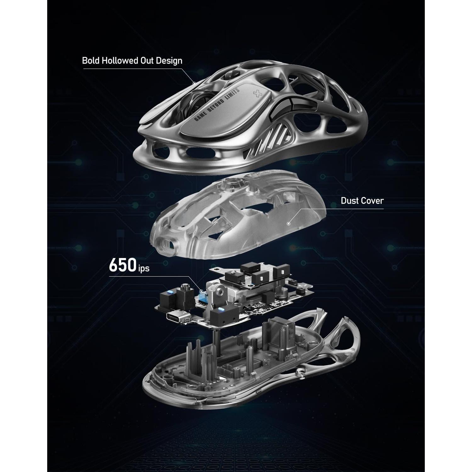 GravaStar Wireless Gaming Mice Mercury M1 Pro, Lightweight Magnesium Alloy Gaming Mouse, 26,000 DPI, PAW3395DM Sensor, Tri Mode Connection, Support 4K, Up to 200 Hours Battery Life