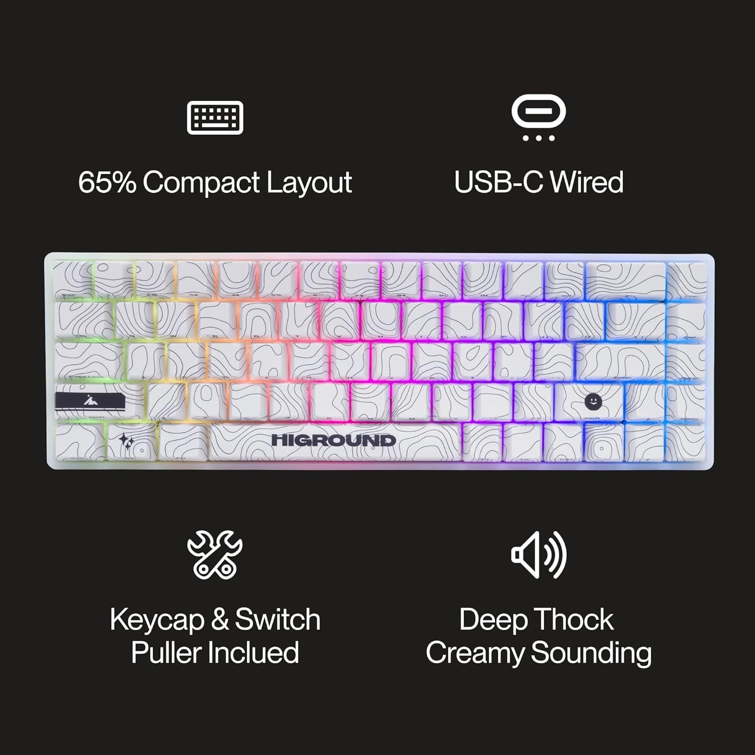 Higround Trailhead 65% Mechanical USB Wired Gaming Keyboard, TTC Linear Custom Switches, Programable RGB, Hot-Swappable, Deep Thock Creamy Sounding PC Keyboard, Pre-lubed (SNOWSTONE)