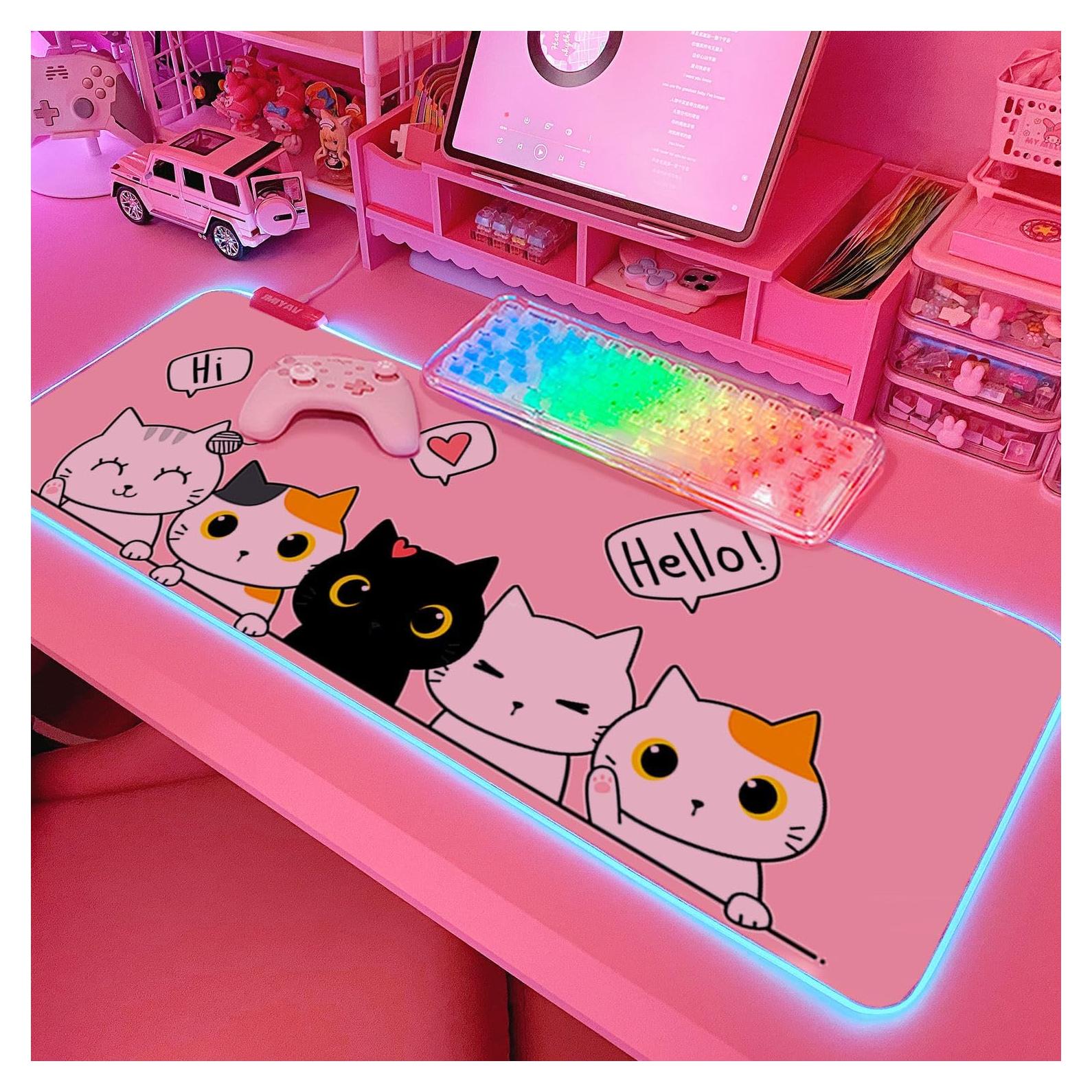 Alfombrilla de Ratón RGB JMIYAV Gato Kawaii Rosa 80x30 cm