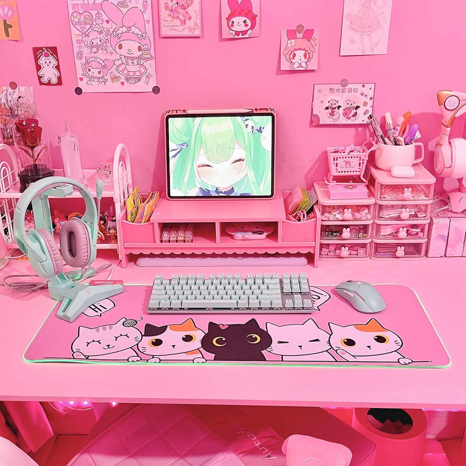 Alfombrilla de Ratón RGB JMIYAV Gato Kawaii Rosa 80x30 cm