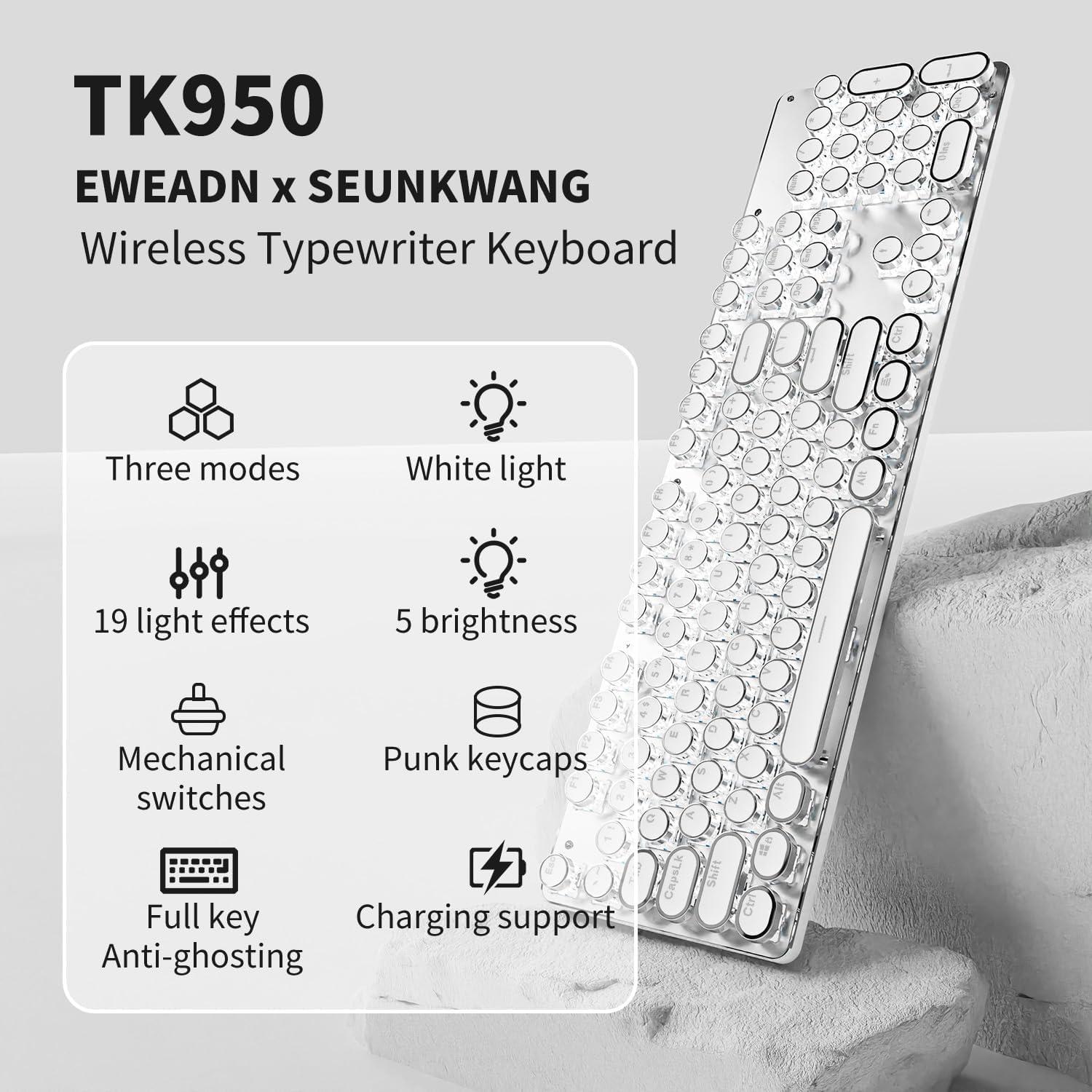 Combo Teclado y Ratón Inalámbrico EWEADN TK950 Retro Blanco