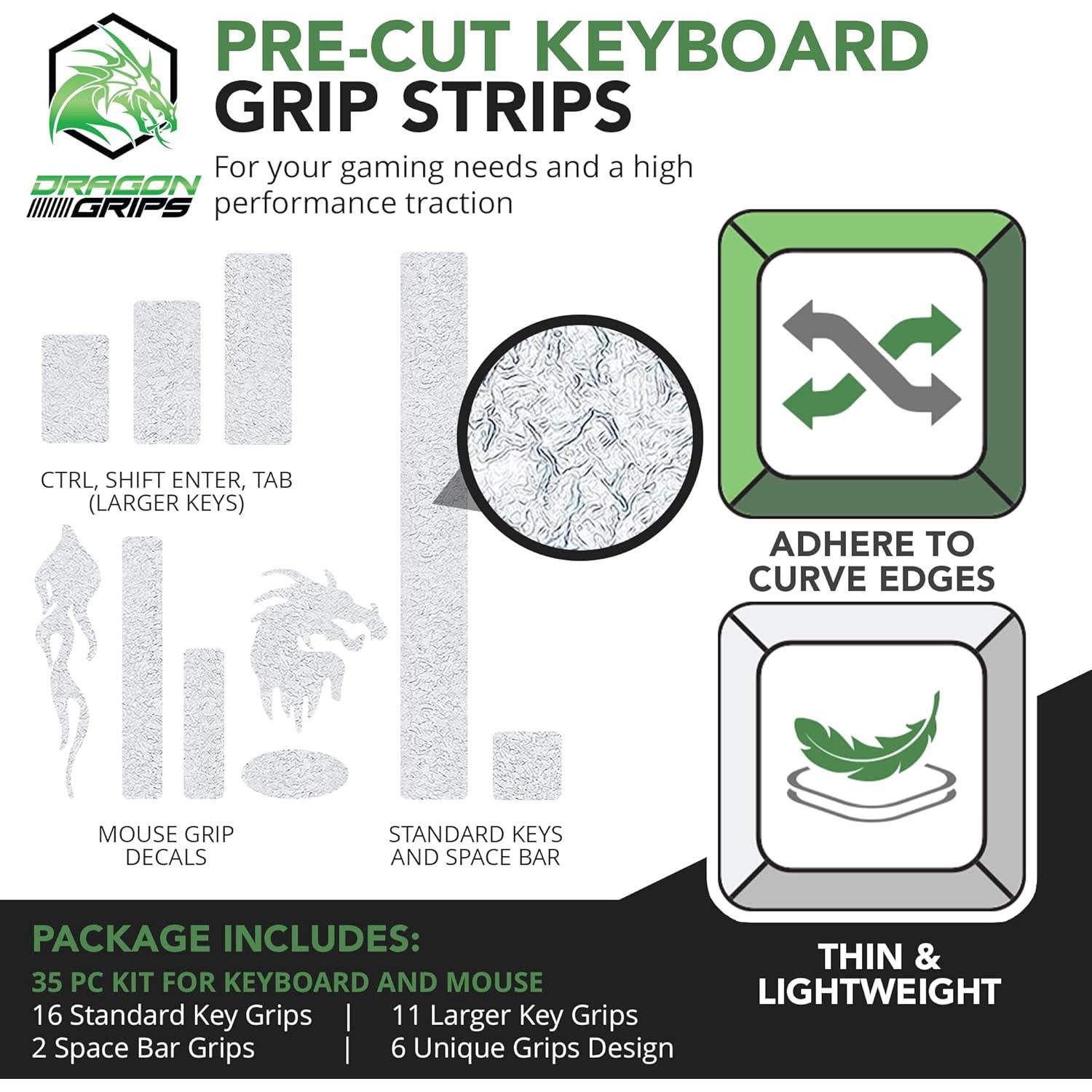 Dragon Grips Keyboard Grips 35 Pcs Clear Grip Tape Rubber Stickers for Mechanical Keyboards Backlit Keycaps Gaming Controller Rubberized Mouse Grip Tape for Razer & Logitech