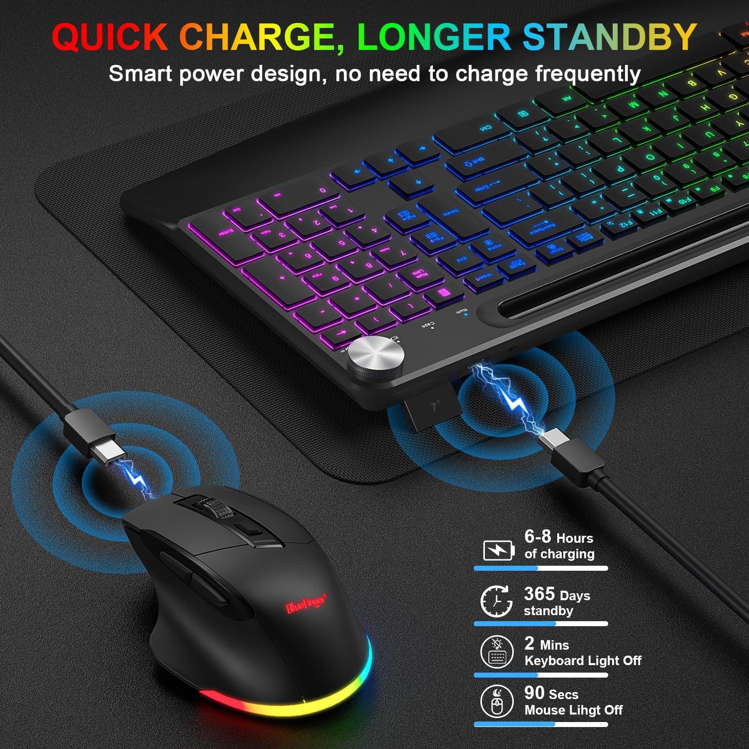 Combo Teclado y Ratón Inalámbrico BlueFinger Ergonómico RGB