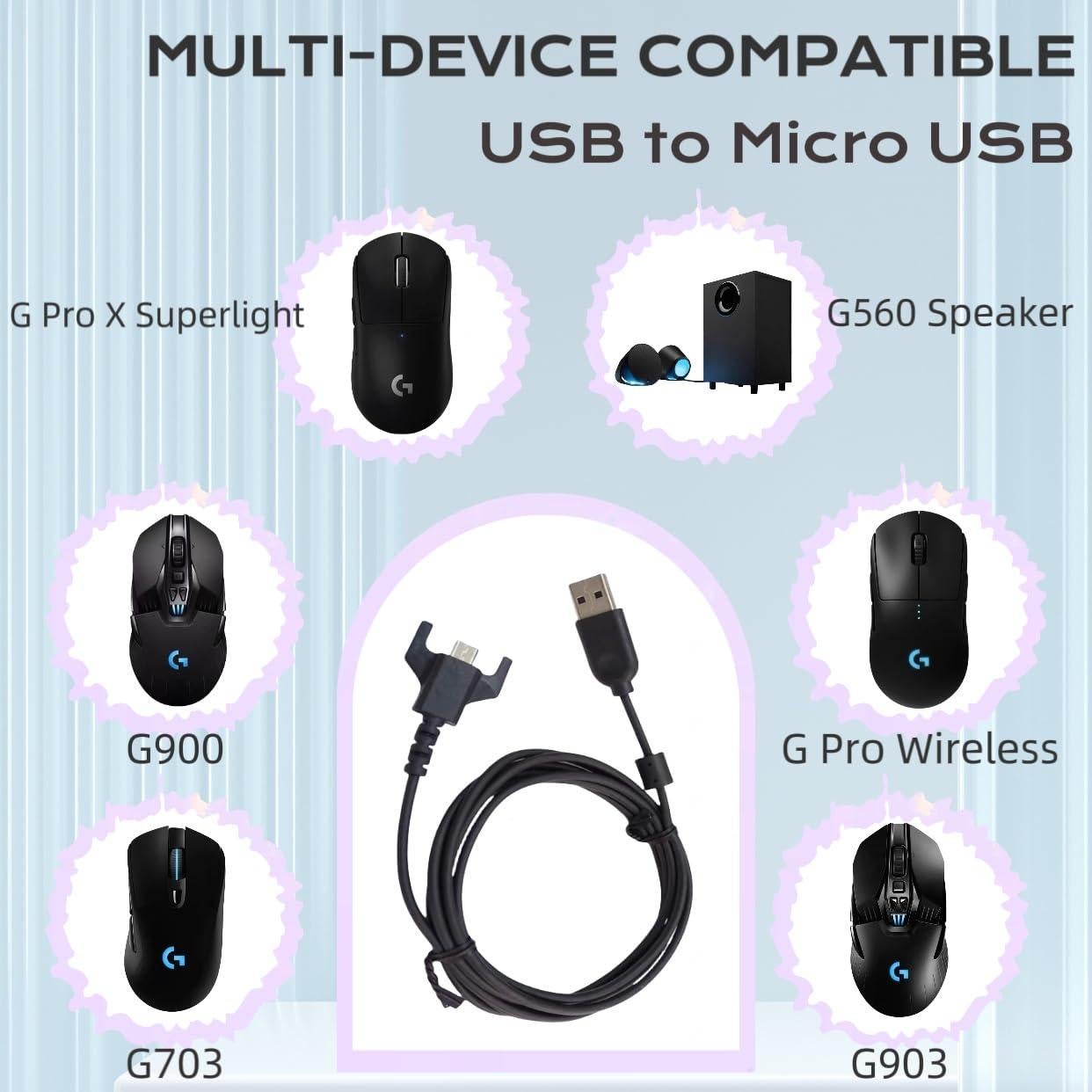 Cable de Carga USB Qnanw 1.83m para Logitech G403 G703 G900