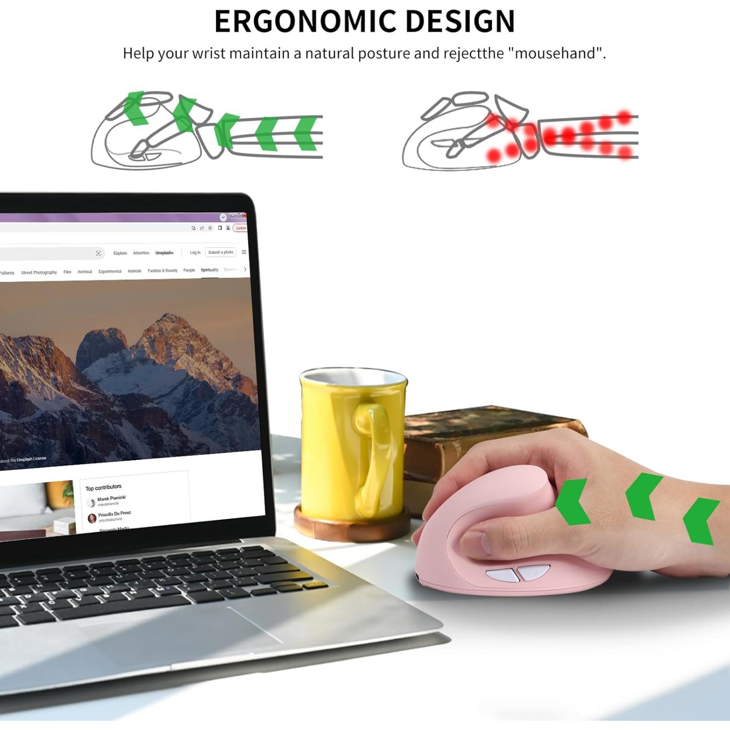 Ratón Ergonómico Inalámbrico VicTsing Rosa Recargable 1600DPI