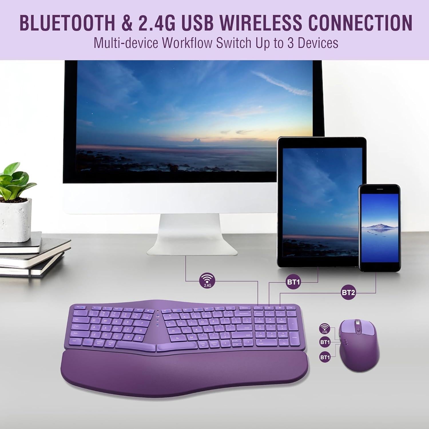 Combo Teclado y Ratón Inalámbrico Ergonómico MK960 - Recargable, Bluetooth, Multi-Dispositivo, Púrpura