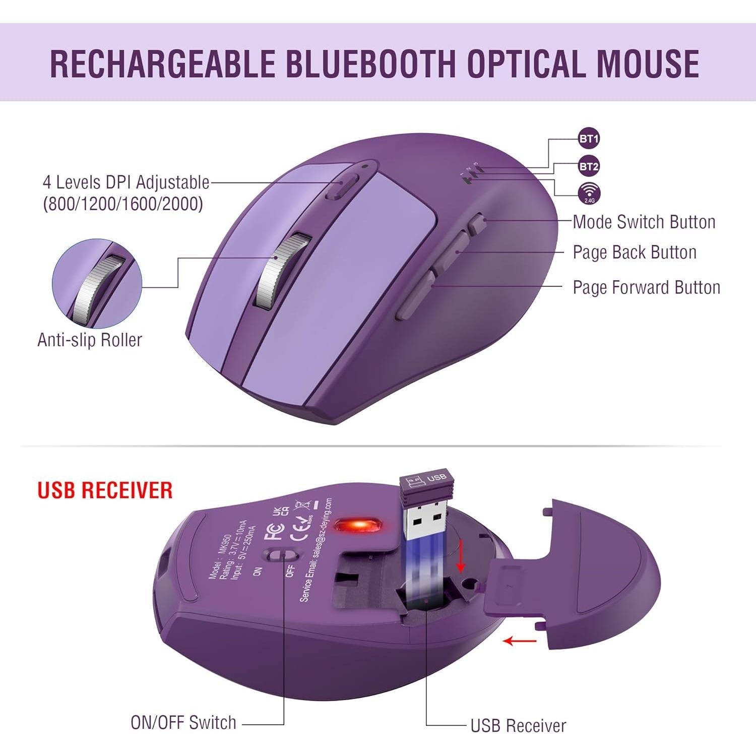 Combo Teclado y Ratón Inalámbrico Ergonómico MK960 - Recargable, Bluetooth, Multi-Dispositivo, Púrpura