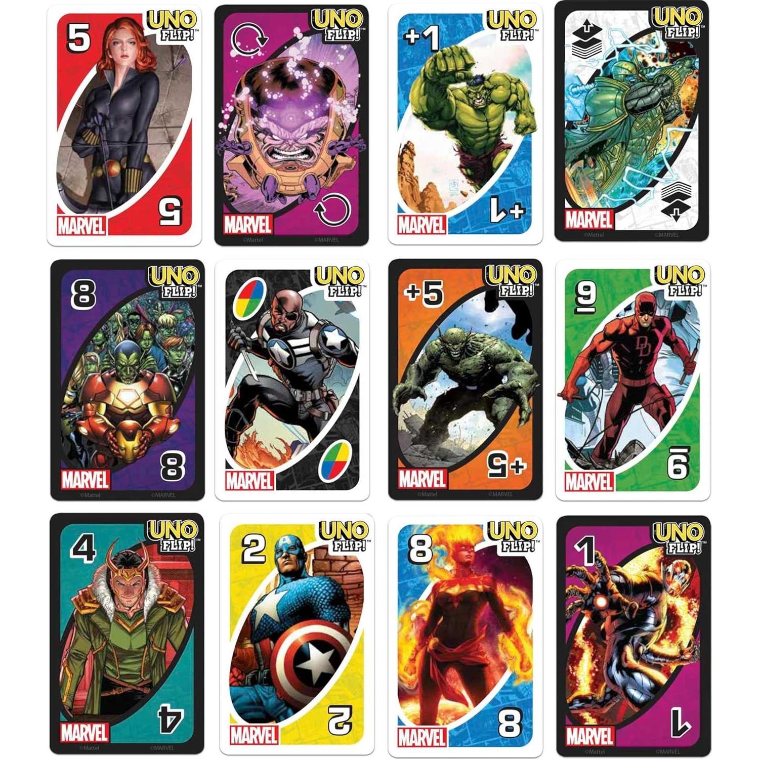 Juego de Cartas UNO Flip! Marvel Mattel - Héroes vs Villanos