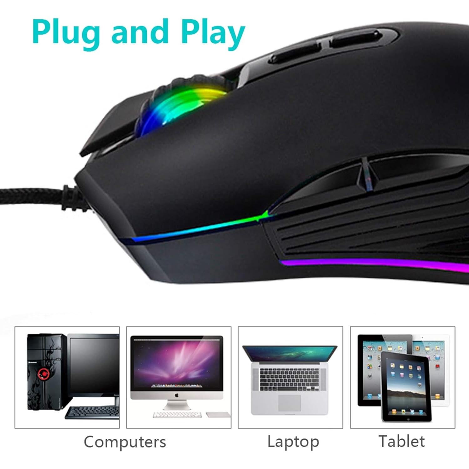 Ratón Gaming IULONEE USB C Ergonómico 3200 DPI RGB Negro