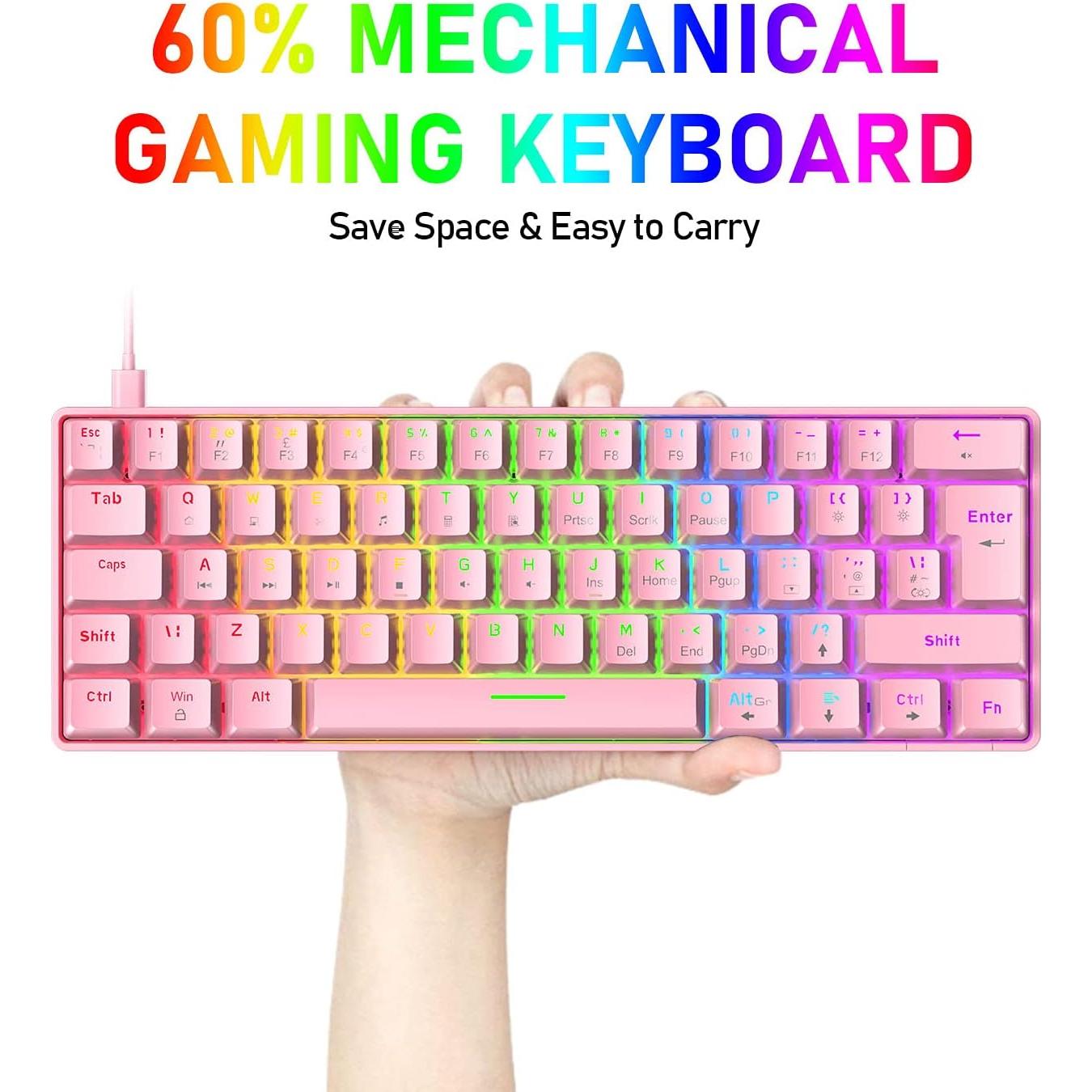 Teclado Mecánico Gaming LexonElec 60% Rosa Interruptor Azul