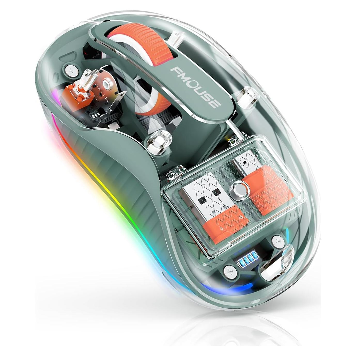 Interesting Transparent Wireless Mouse, Dual Bluetooth & 2.4GHz for Multi Device, USB-C Receiver Ideal for MacBook/Laptops, Rechargeable, Cool LED, Silent, Small Portable, for Travel - Green