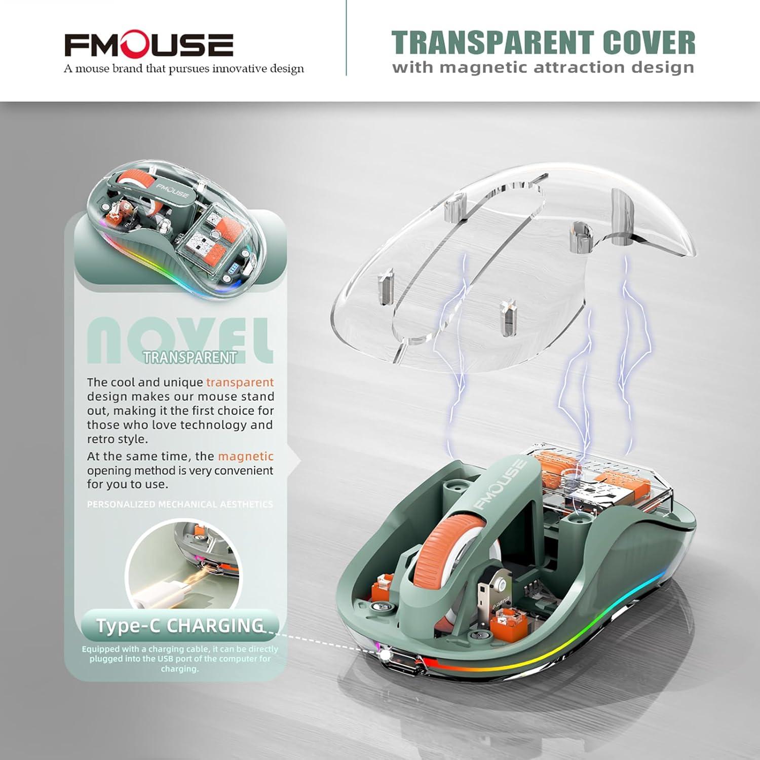 Interesting Transparent Wireless Mouse, Dual Bluetooth & 2.4GHz for Multi Device, USB-C Receiver Ideal for MacBook/Laptops, Rechargeable, Cool LED, Silent, Small Portable, for Travel - Green