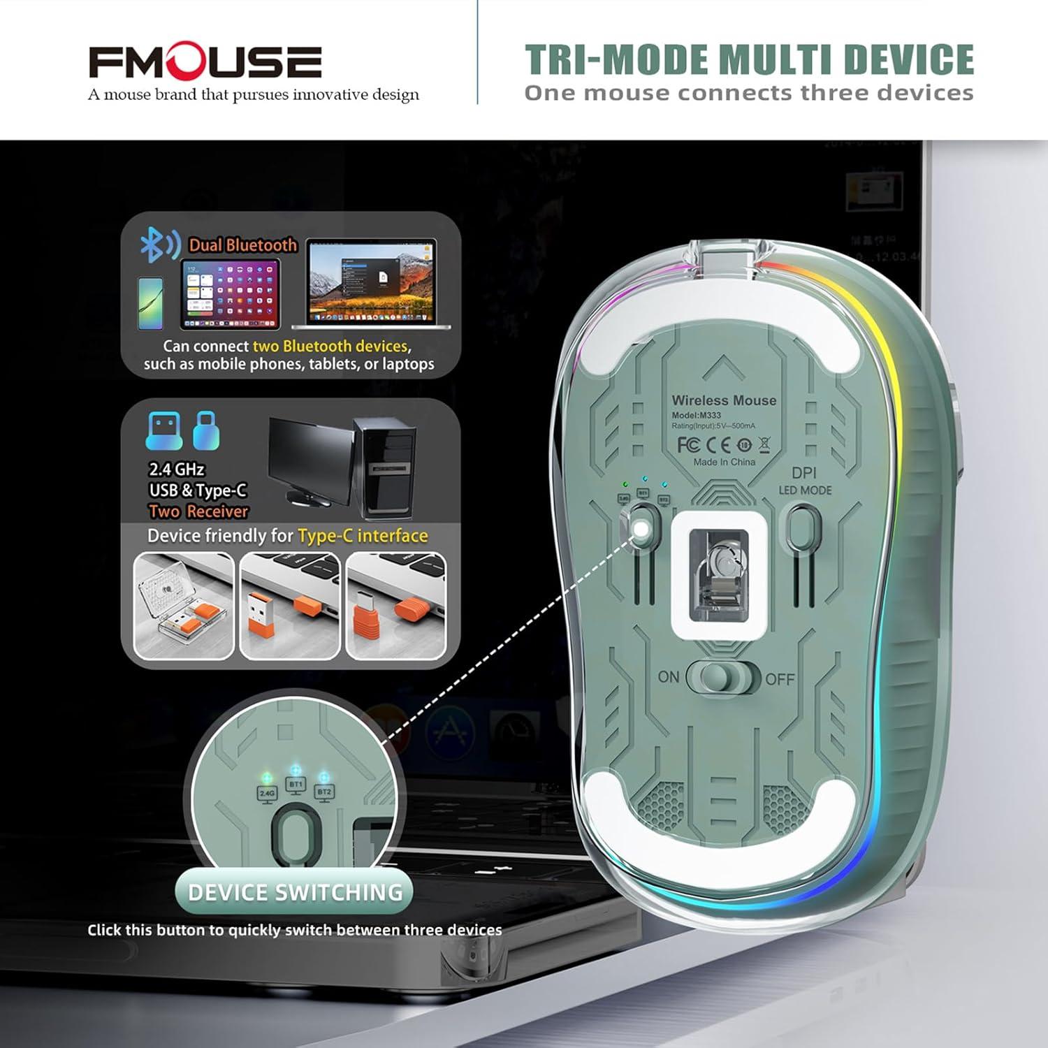 Interesting Transparent Wireless Mouse, Dual Bluetooth & 2.4GHz for Multi Device, USB-C Receiver Ideal for MacBook/Laptops, Rechargeable, Cool LED, Silent, Small Portable, for Travel - Green