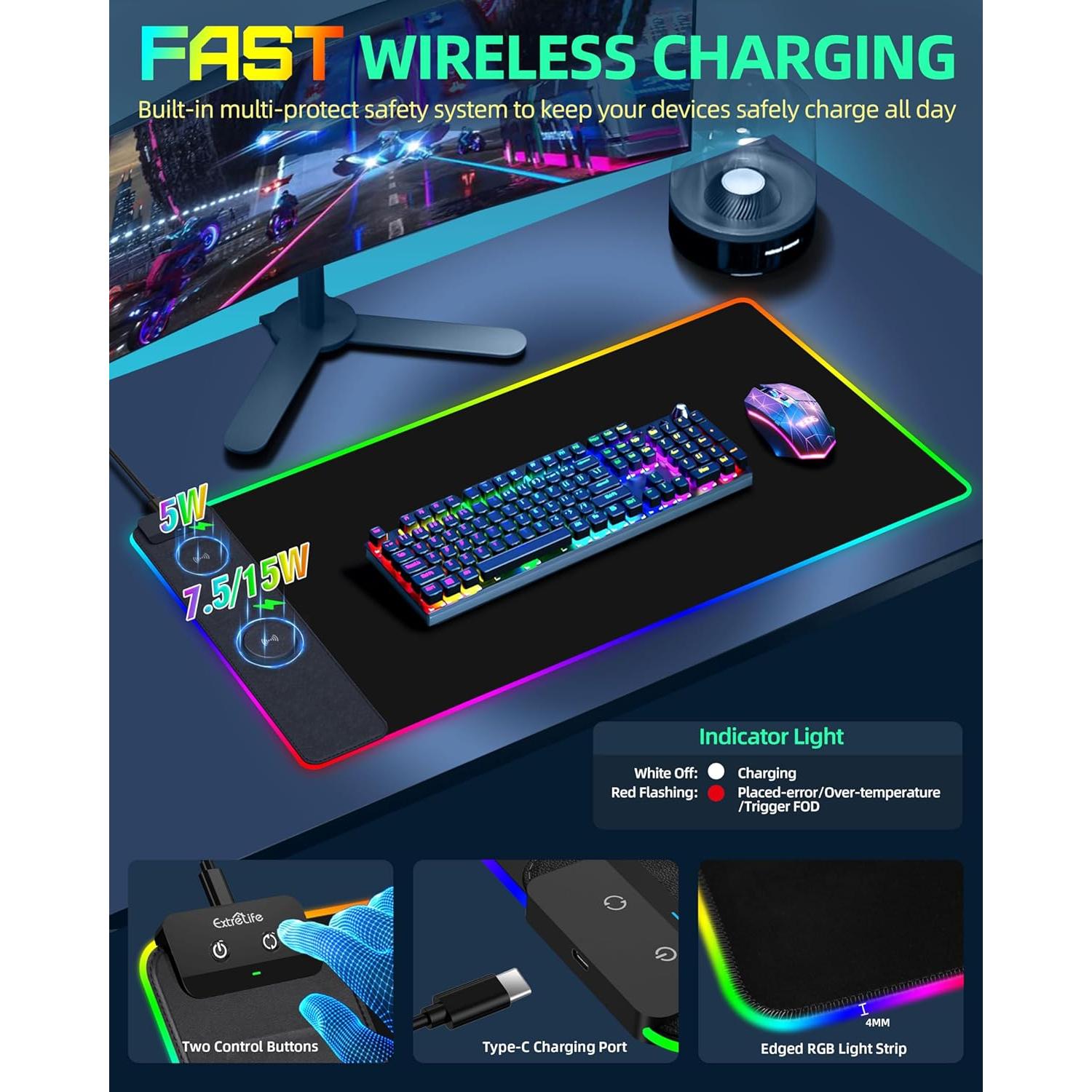 Alfombrilla de Carga Inalámbrica ExtreLife 80x40cm RGB