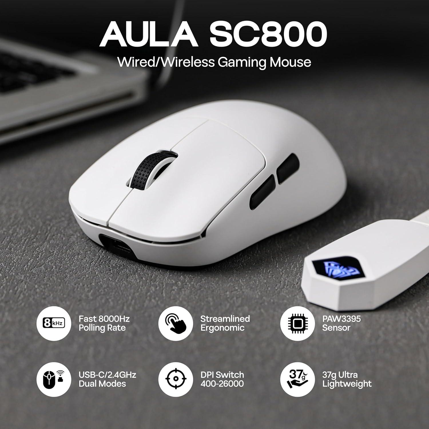 Ratón Gaming AULA SC800 Inalámbrico 26000 DPI Sensor PAW3395