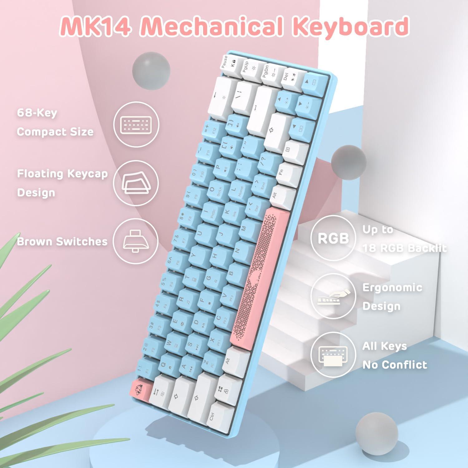 MANBASNAKE MK14 60% Mechanical Gaming Keyboard, Compact 68 Keys Mini Wired USB Keyboard, Anti-ghosting Blue Switches RGB Backlit for Laptop/PC Gamer
