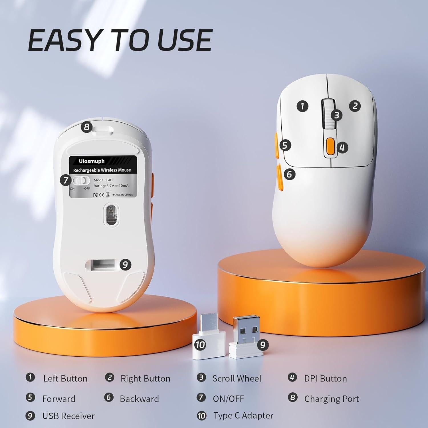 Ratón Inalámbrico Uiosmuph G01 Recargable USB C Ergonómico