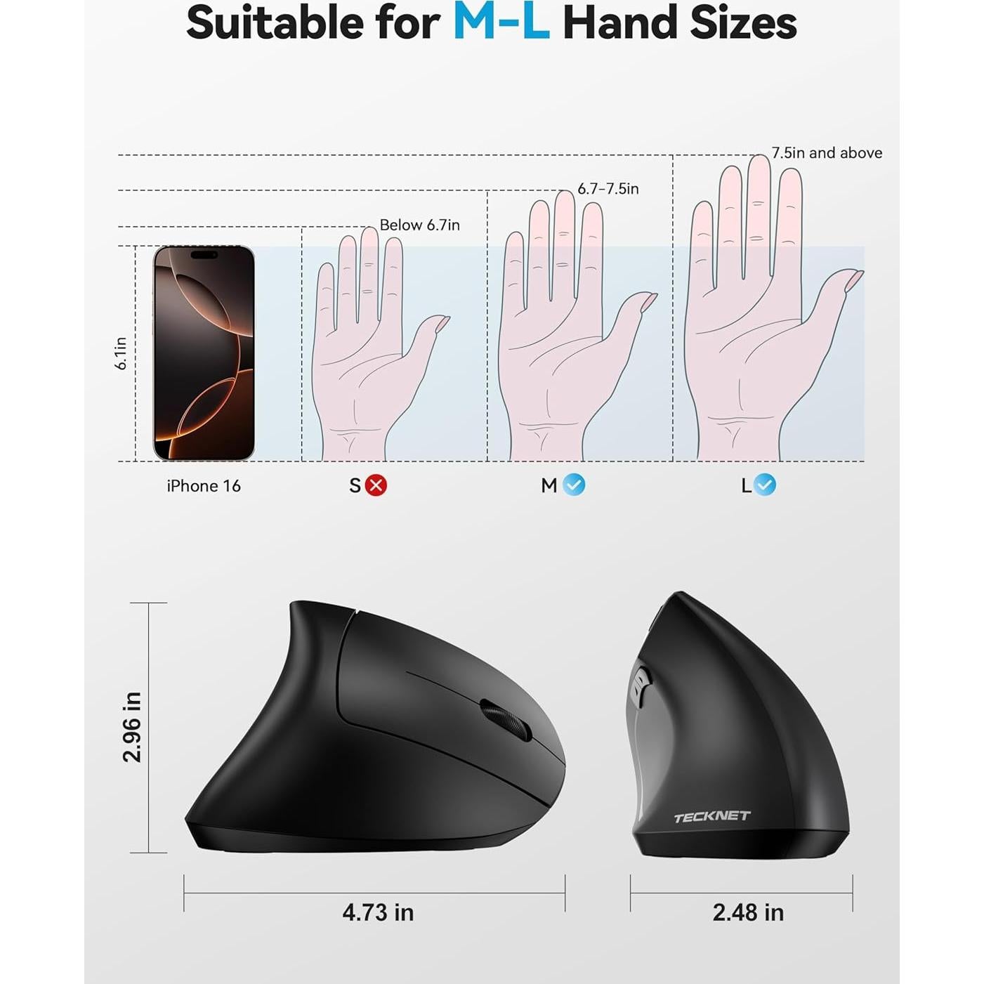 Ratón Ergonómico TECKNET Recargable Inalámbrico 6 DPI Negro