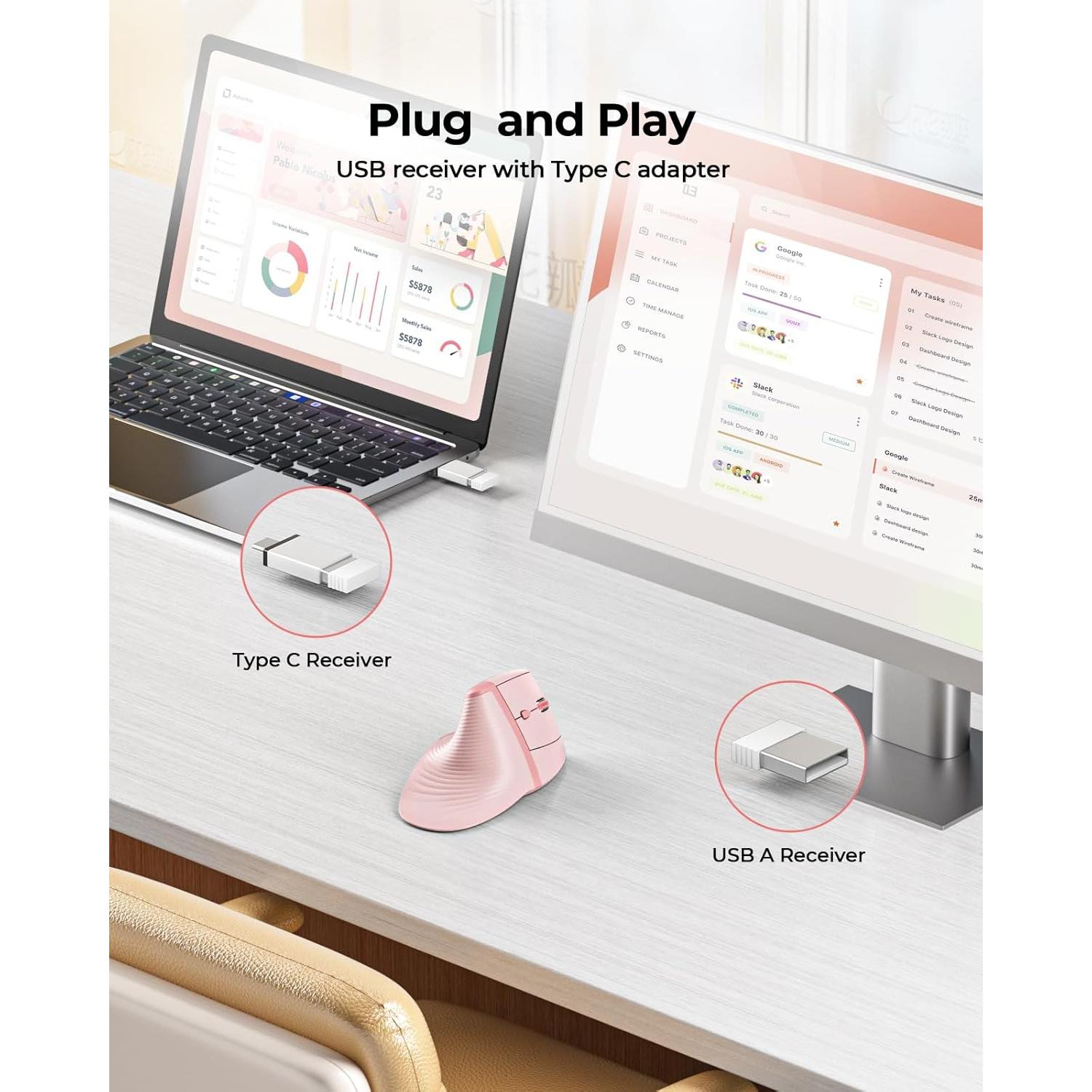 Ratón Ergonómico Inalámbrico seenda Rosa Vertical Recargable