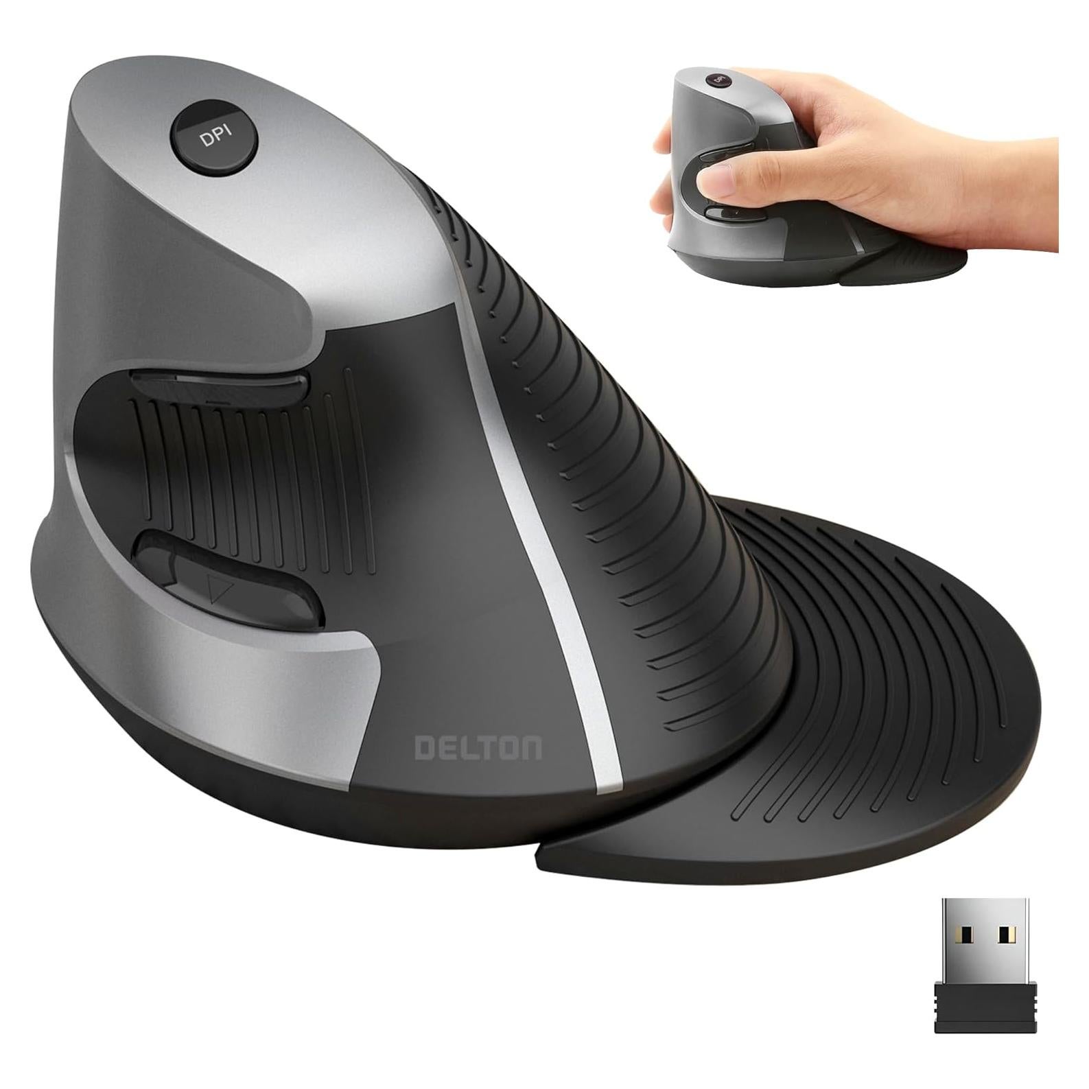 Delton S22 Vertical Wireless Mouse, Ergonomic Design, 2.4G USB Dongle, 6 Buttons, 3 Adjustable DPI Levels (800/1600/2400), Removable Palm Rest, Silent Click & Durable for PC, Laptop, MacBook - Black