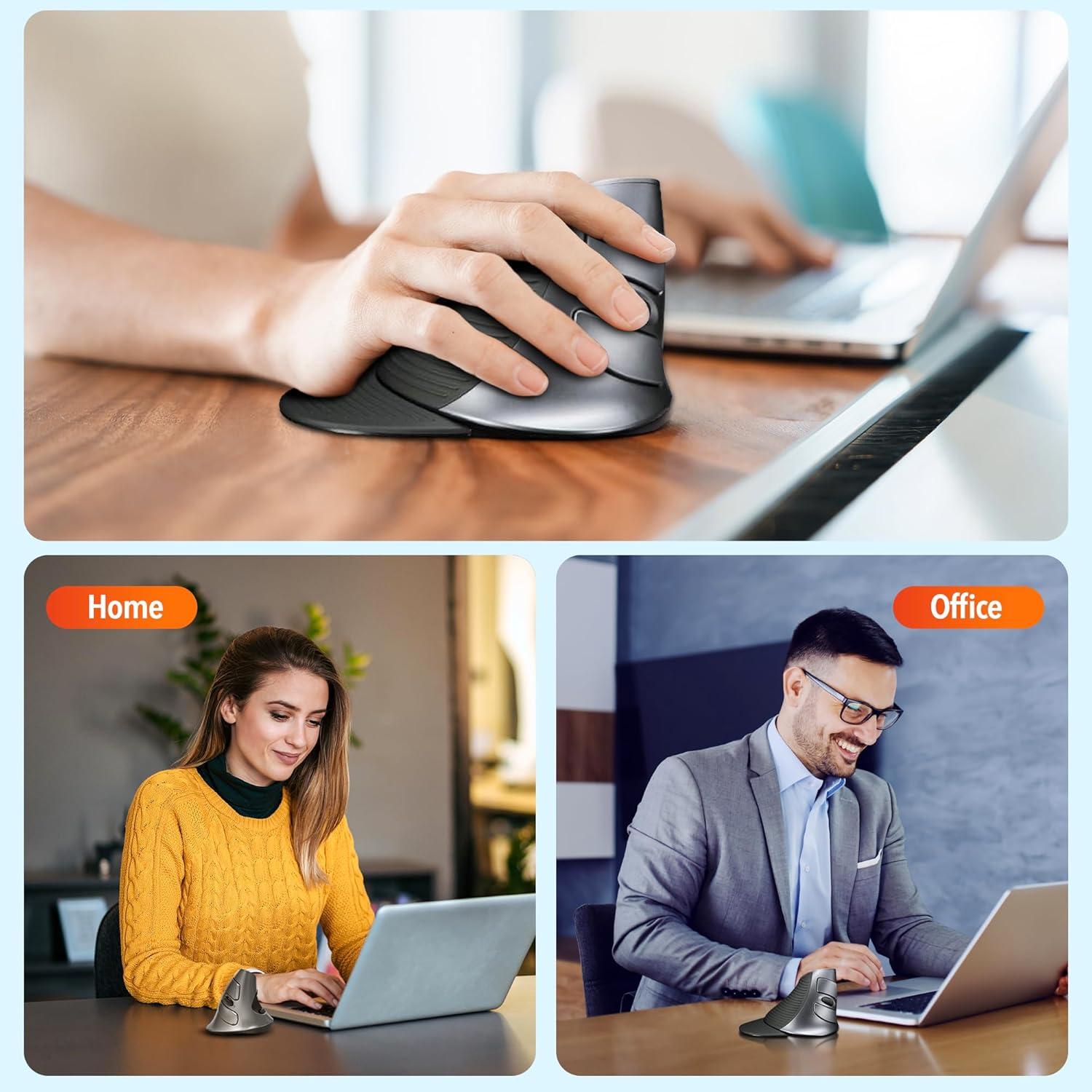 Delton S22 Vertical Wireless Mouse, Ergonomic Design, 2.4G USB Dongle, 6 Buttons, 3 Adjustable DPI Levels (800/1600/2400), Removable Palm Rest, Silent Click & Durable for PC, Laptop, MacBook - Black