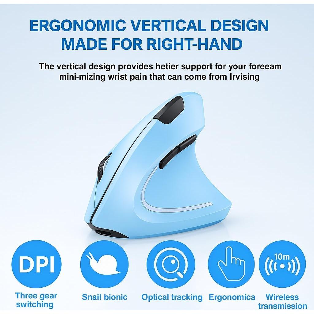 Ergonomic Mouse，Vertical Mouse Wireless, 6 Buttons, 1600 DPI, 2.4G Optical, Ergonomic Wireless Design ，Blue Vertical Rechargeable Mouse，Compatible with Mac, iPad, Tablets, laptops, PC.