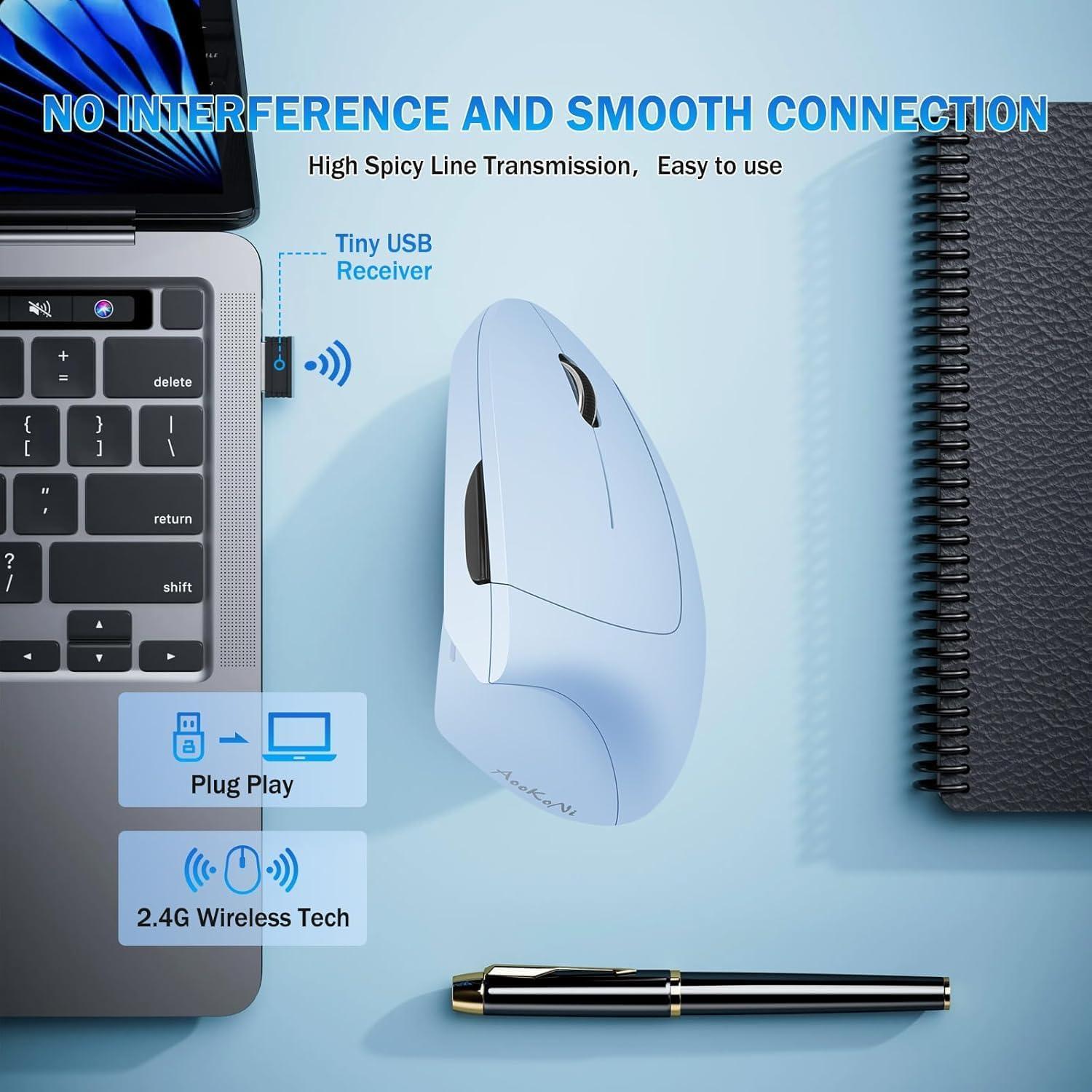 Ergonomic Mouse，Vertical Mouse Wireless, 6 Buttons, 1600 DPI, 2.4G Optical, Ergonomic Wireless Design ，Blue Vertical Rechargeable Mouse，Compatible with Mac, iPad, Tablets, laptops, PC.