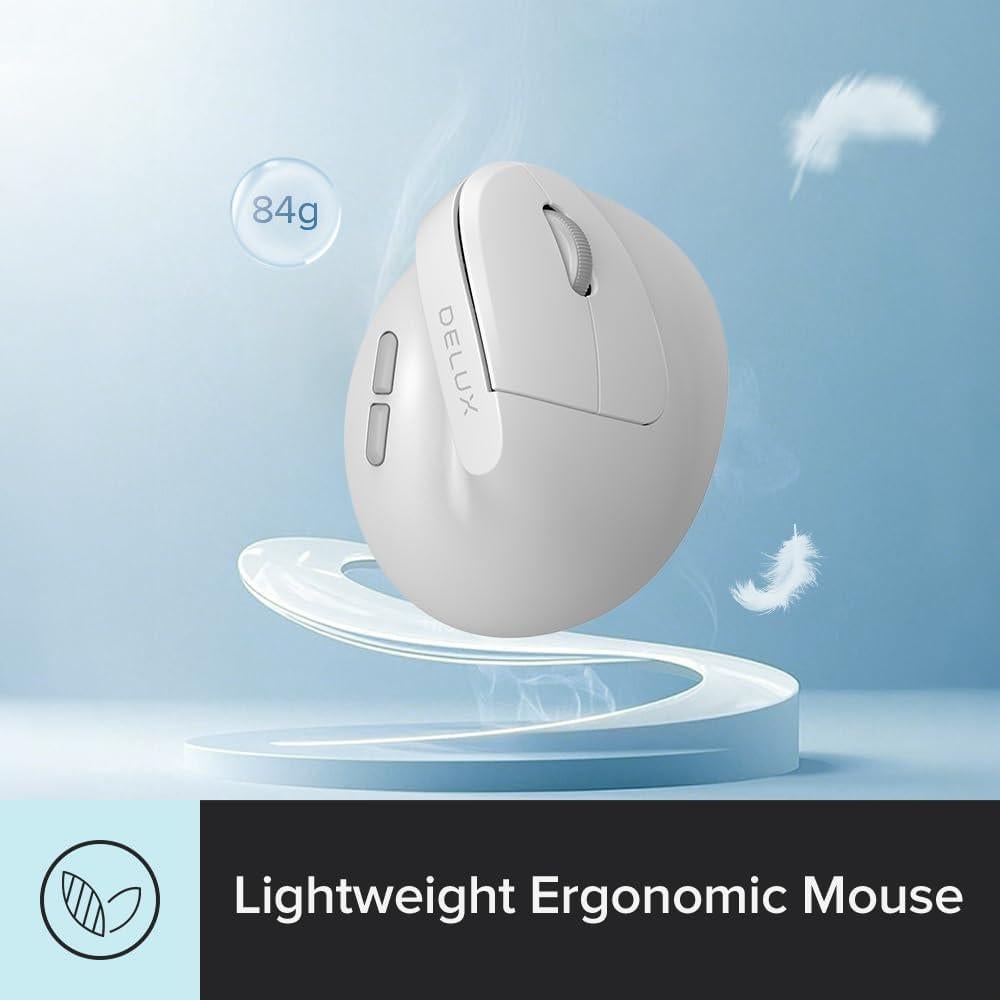 DeLUX Ergonomic Mouse Wireless for Small Hands, Rechargeable Vertical Mouse, 84g Lightweight, 4000 DPI, 6 Buttons, 2.4G + BT 5.2 Dual-Mode for Carpal Tunnel, for Window, MacOS, Laptop (M618Air-White)