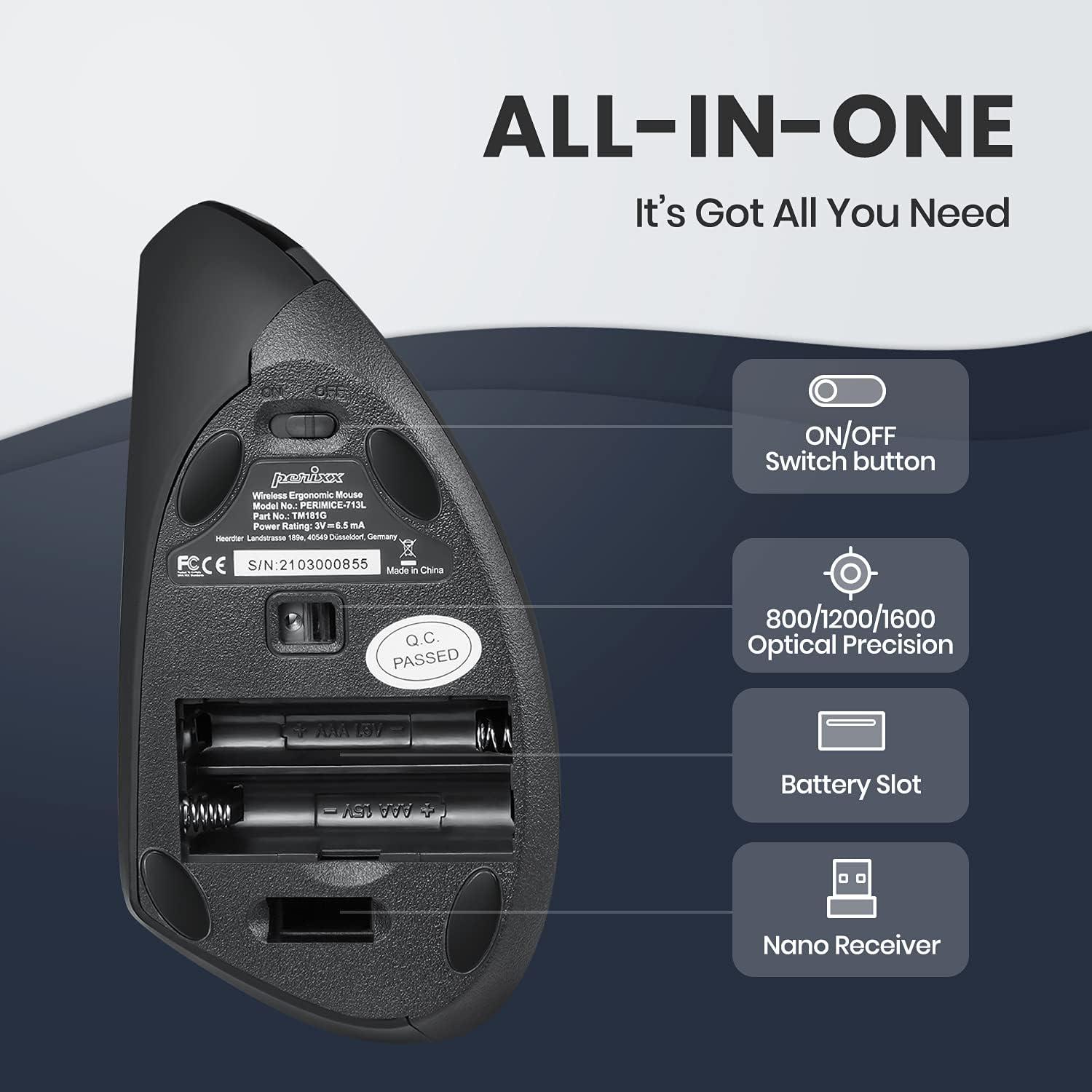 Ratón Vertical Ergonómico Inalámbrico Perixx PERIMICE-713L para Zurdos